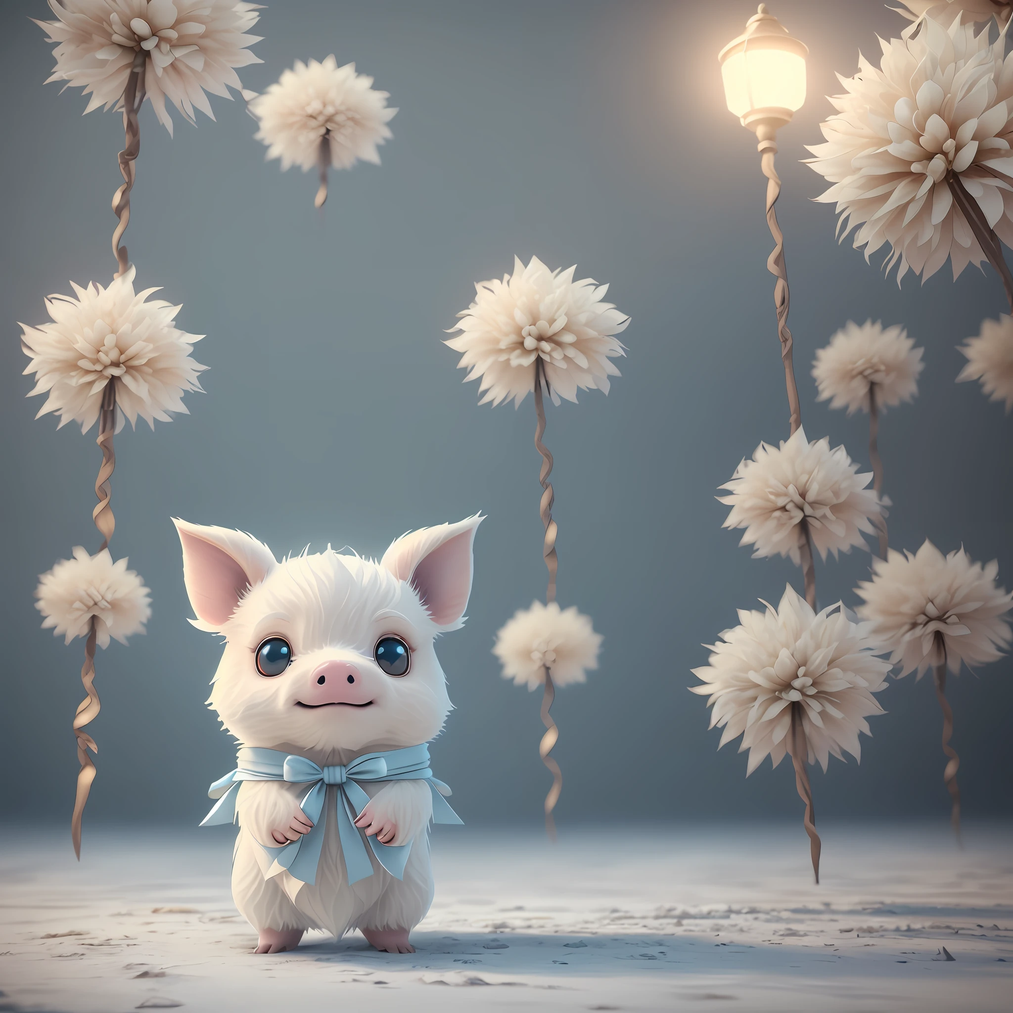 Front view, little cute anthropomorphic white fluffy pig，summer, wearing cute light blue hat, wearing blue wedding dress, plump body, standing, symmetrical ears, big bright eyes, sweet smiling face, handheld lotus flower, Chinese New Year scene, fluffy snow, intricate furry details, soft movie lighting, 8k, portrait, Pokemon animation style, Octane rendering, rendered in Unreal Engine, high quality --v 4 --auto