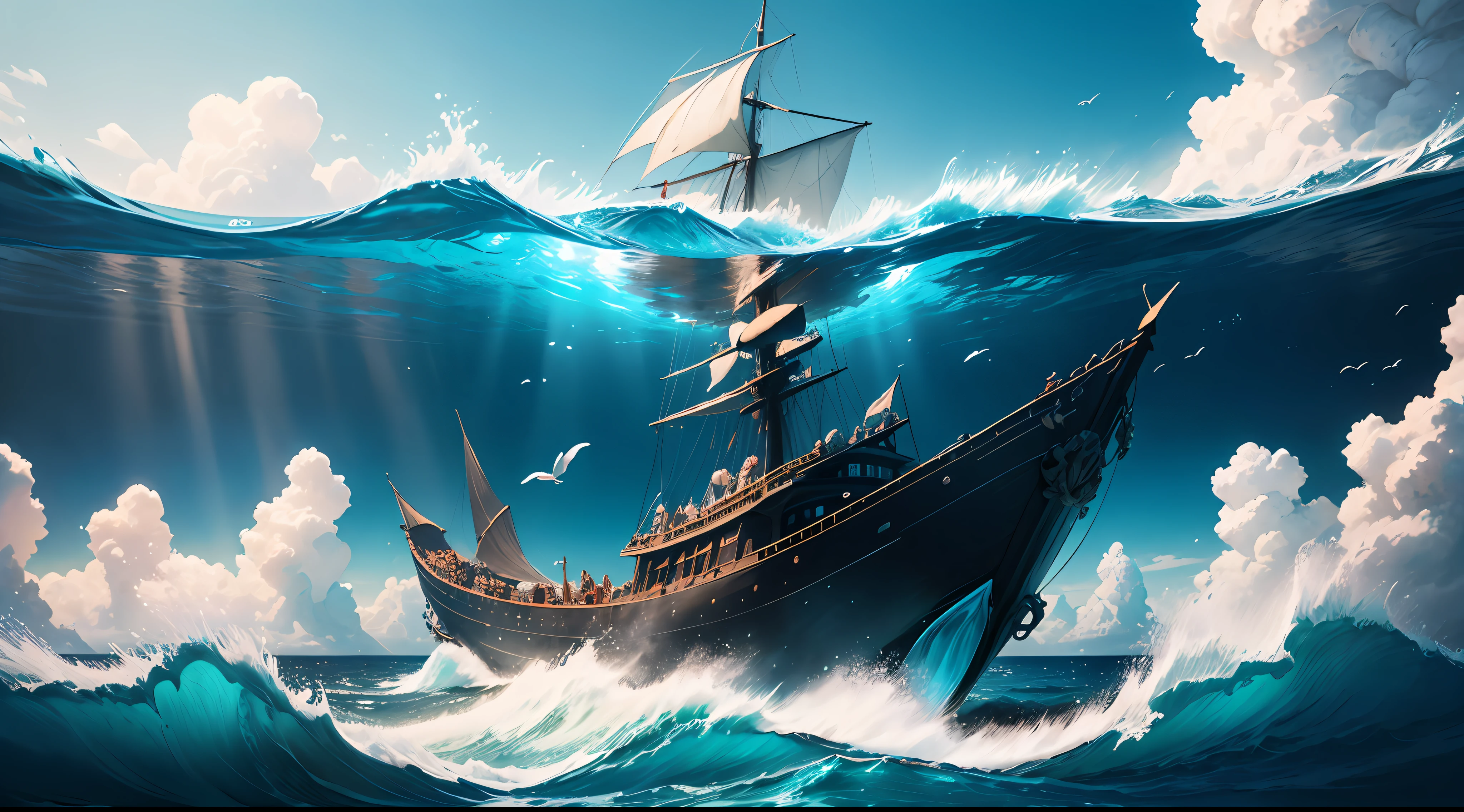 1.4) Black Pearl,Johnny Depp,mermaids,In the deep sea,Pass by a sea anemone forest,Blowing in the wind,Gentle sea breeze,Fairytale style,Crystal water,Gentle sky,Blue ocean gradient,High-quality rendering,Refine the blur filter,dream colors,Static golden light effect。 --auto