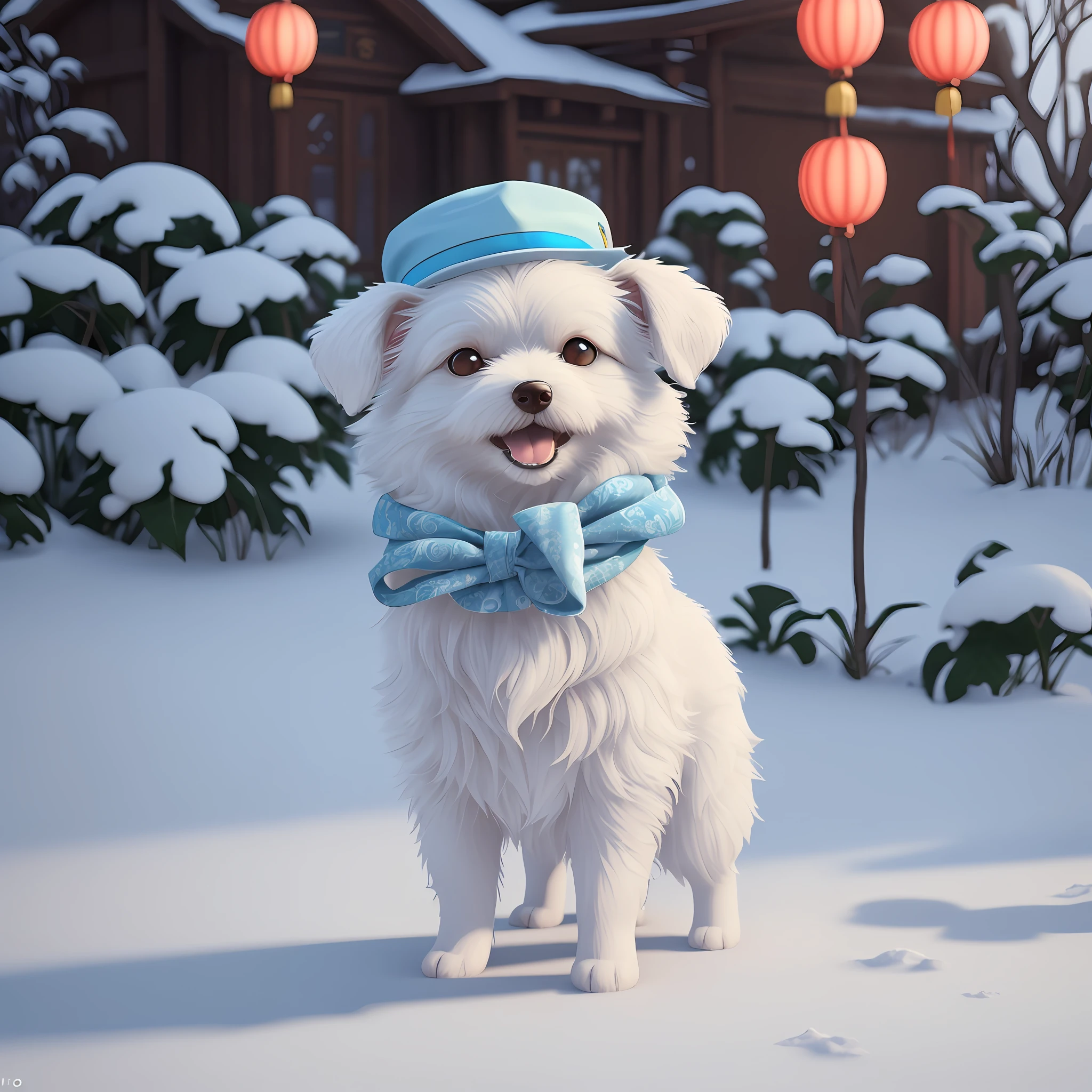 Front view, little cute anthropomorphic white fluffy dog, summer, wearing cute light blue hat, wearing blue wedding dress, plump body, standing, symmetrical ears, big bright eyes, sweet smiling face, handheld lotus flower, Chinese New Year scene, fluffy snow, intricate furry details, soft movie lighting, 8k, portrait, Pokemon animation style, Octane rendering, rendered in Unreal Engine, high quality --v 4 --auto