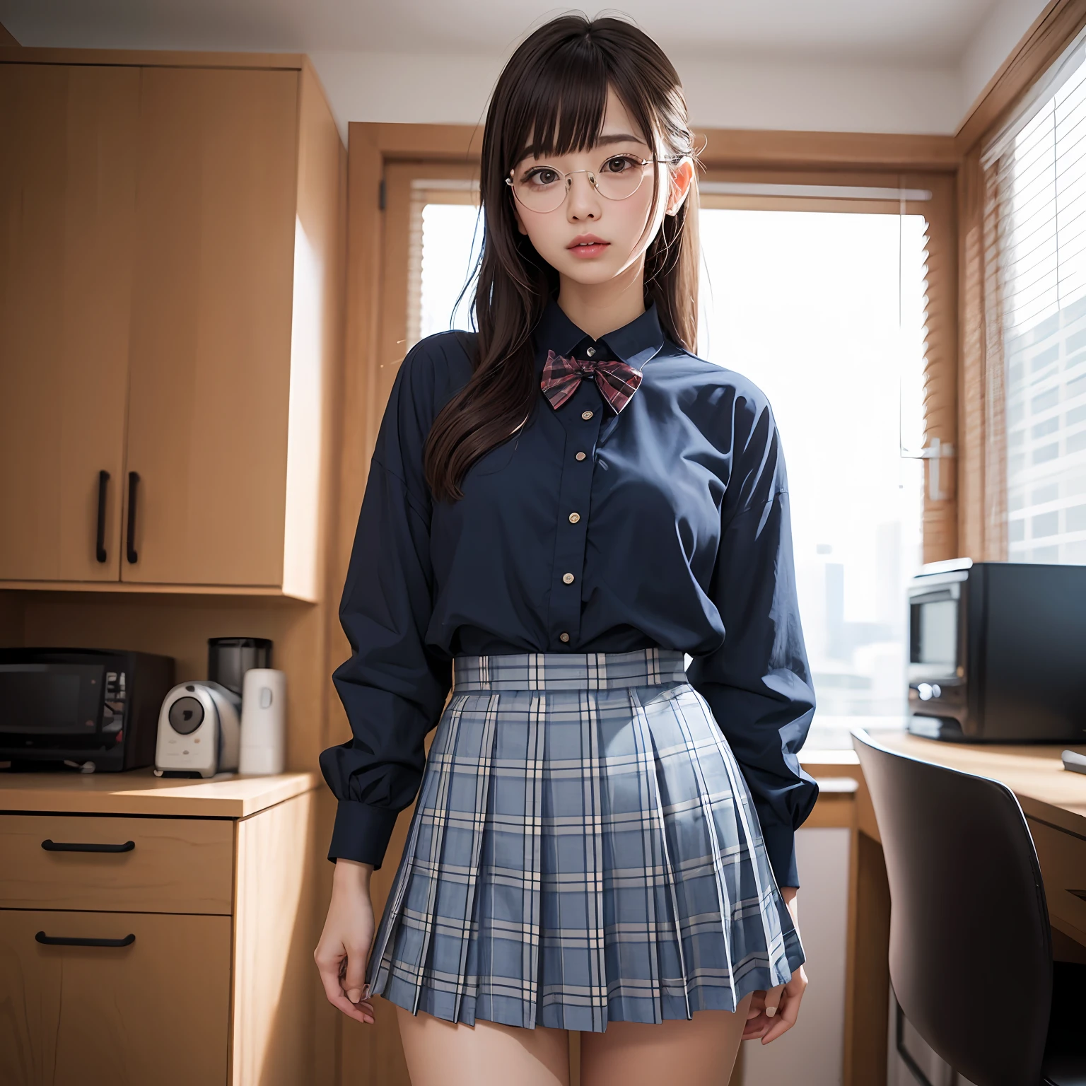 (8K、Raw photography、top-quality、masterpiece:1.2),full body Esbian,masterpiece,top-quality、超A high resolution,Raw photo,ren,Beautiful fece,One Person, 独奏,eye glass,,Dark look,Small breasts,fullllbody,Round glasses、cute little、A Japanese Lady,is standing,(Tight eyes,Bullish,skinny,Rasping,irate,small tits,flat breast)、(Photorealsitic:1.37)、Photon mapping,Light blue ribbon,Realistic、Cute little face,Brown-eyed、Black socks、Red bow tie、Radio City、Physically Based Rendering、Foreground、depth of fields、Blurry background、a picture,The girls、Body, Long legs, Thin leg, Single knot ponytail,(Bangs are visible), hair, s lips, Blue_The eye, nosesoft, Light blue shirt, Navy blue and blue and white plaid pleated skirt, Sheer clothing,, Thigh, Black cotton socks,Nogizaka Idol, 女優, Japanese ido