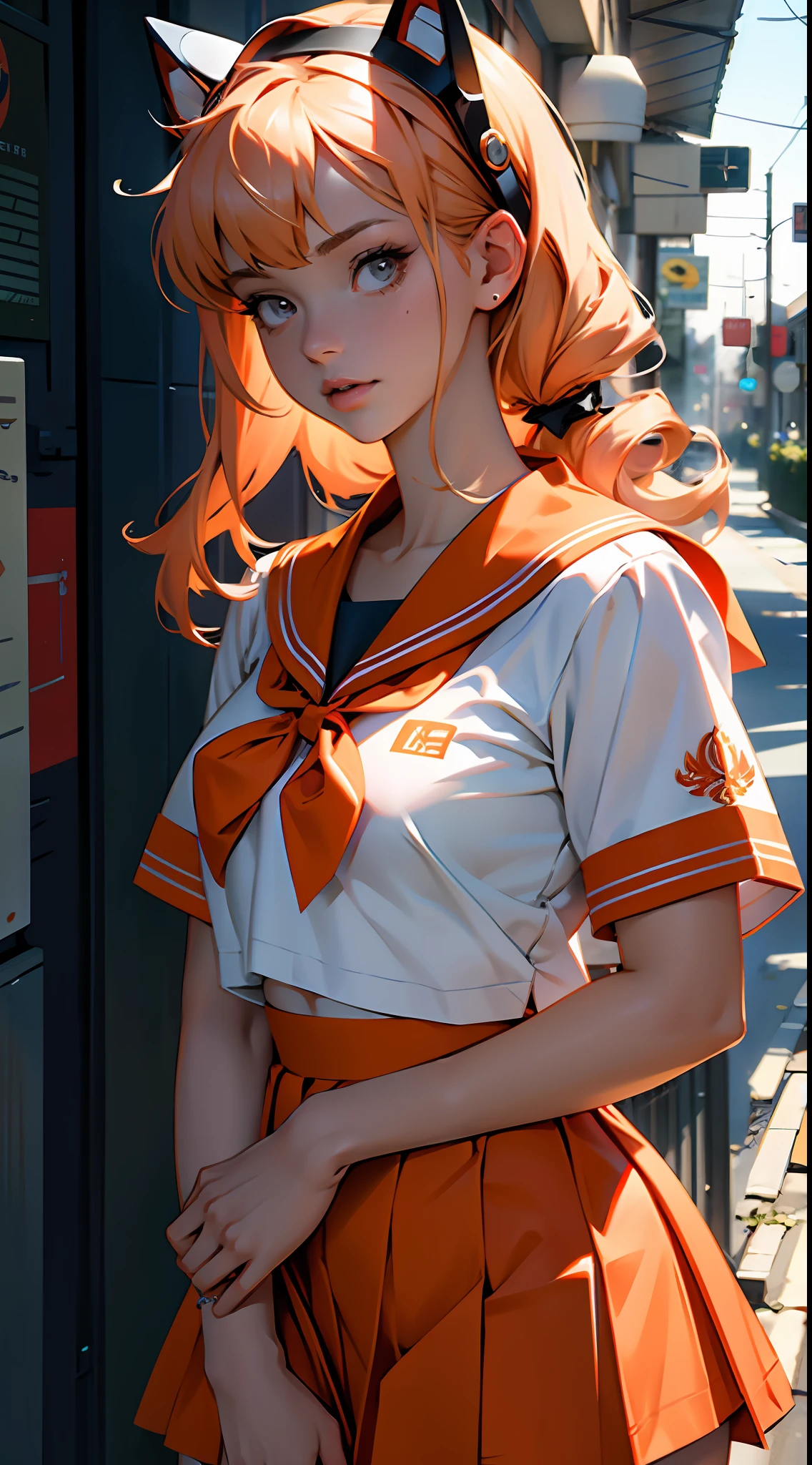 Medium photo of the girl, Beautiful face 20yo girl, Delicate hands, SV1, Sailor senshi uniform, orangeskirt, head gear, Orange sailor collar, red bow, Orange necklace, whitegloves, jewely, Moody's Lighting, (Sharp focus, Eye focus, tmasterpiece, best qualtiy, realistic detail, Sharp Images, realisticlying, A high resolution) --auto