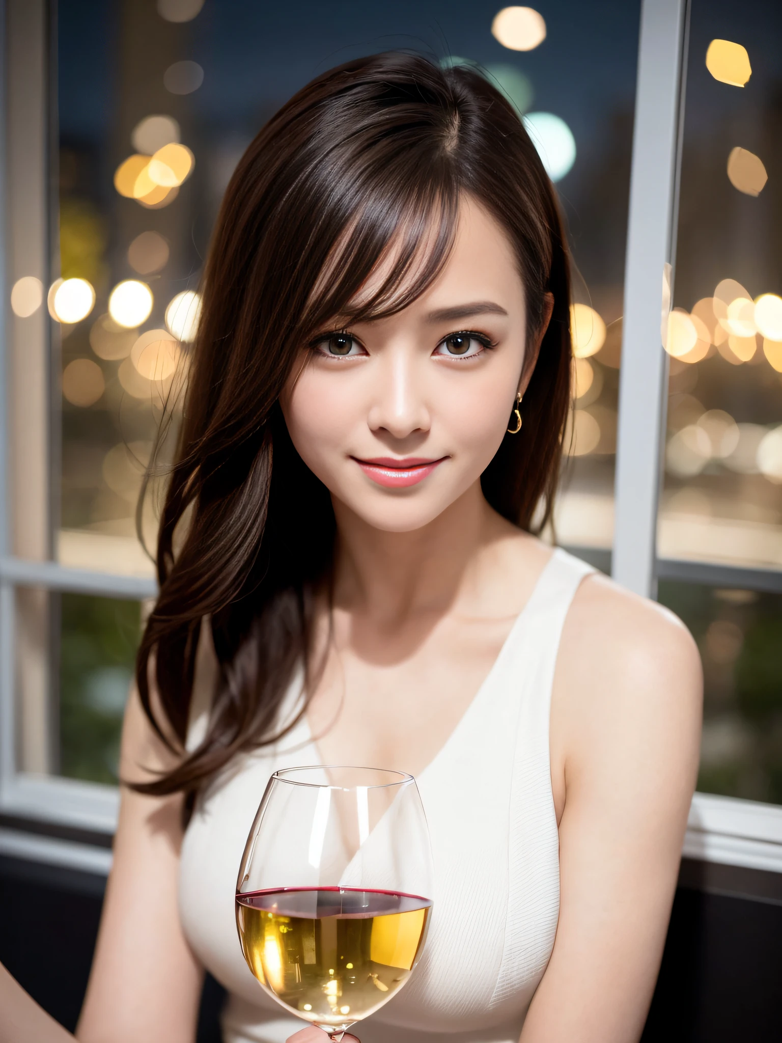 (64K, UHD, top quality, masterpiece: 1.2), (realistic, photorealistic: 1.37), super detailed, pretty woman 1 person, (slim face), (slim body), (brown hair), (short cut), cheeks slightly blushing, (44 years old), 38 years old, solo, beautiful detailed urban night view outside the window, restaurant, wine glasses sit, at night, in a prominent placeNovaFrogStyle, Actress, Model, Waist Up, White Wine, Slim, Wine Glass, Super Clean Night View, Wine Glass Put in the Middle, Happy Smile, (Smile: 1.15), Beautiful Fine Eyes, Upper Body, Bust Japan Up, Night, Short, Short, Actress, Model, Waist Up, White Wine, Slim, Wine Glass, Super Clean Night View, Wine Glass Put in the Middle, Happy Smile,