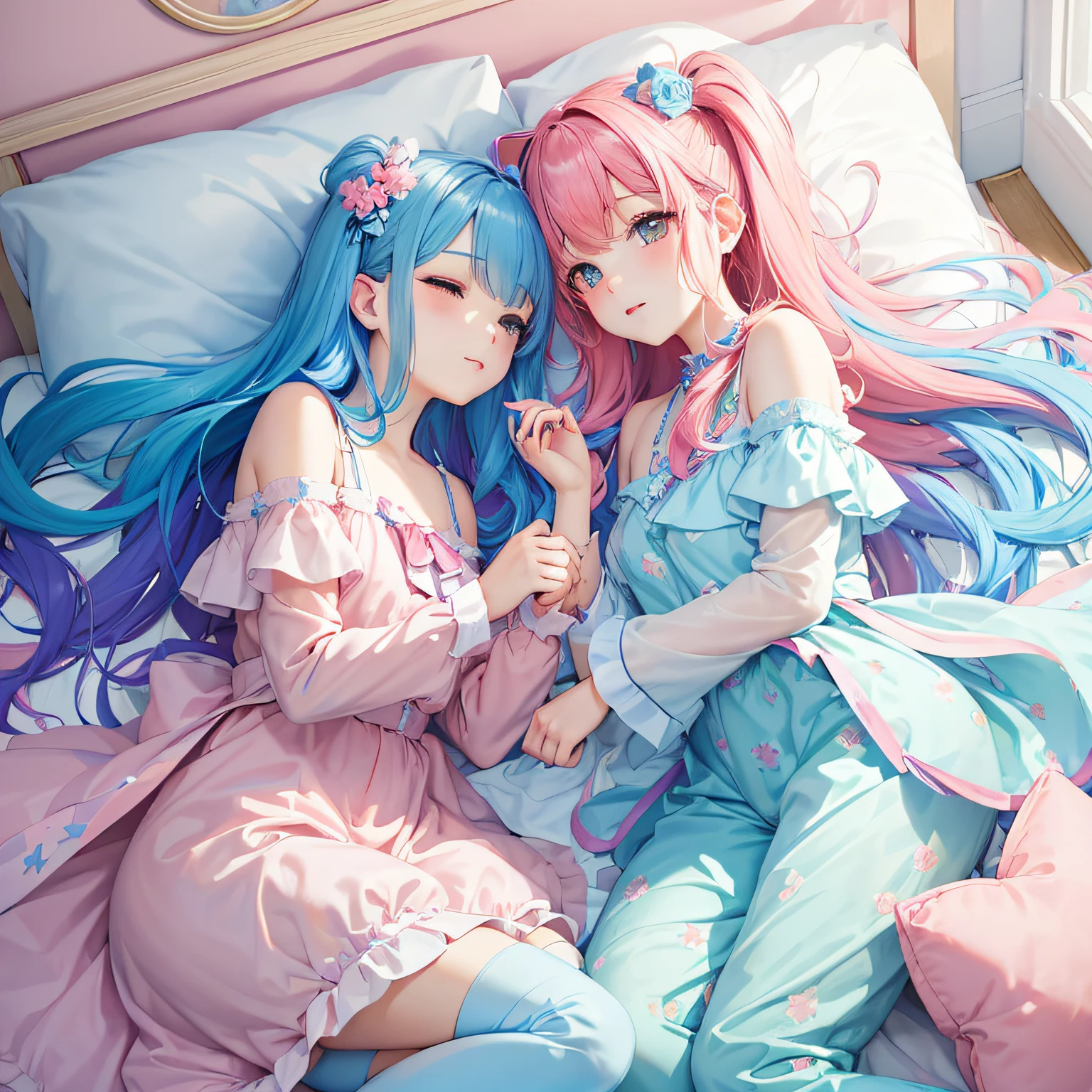 Yumekawa, dreamily cute, Pale, moya, (Masterpiece, Highest quality, Highest quality, aquarelle (mediating), offcial art, Beautiful and aesthetic: 1.2), (Two girls: 1.3), (pajamas: 1.3), Upper body, Flirting, lesbian, ta fashion, LoliWatching Viewer, Pattern, Break, (rainbow colour hair, Colorful hair, Half blue and half pink hair: 1.2), Break, Soap Bubbles, rainbow behind, Cloud, Colorful, Soap Bubbles, hair spread throughout, Cute, Pastel, cute room, rainbow color stuffed unicorn, Sleeping on the Bed --auto