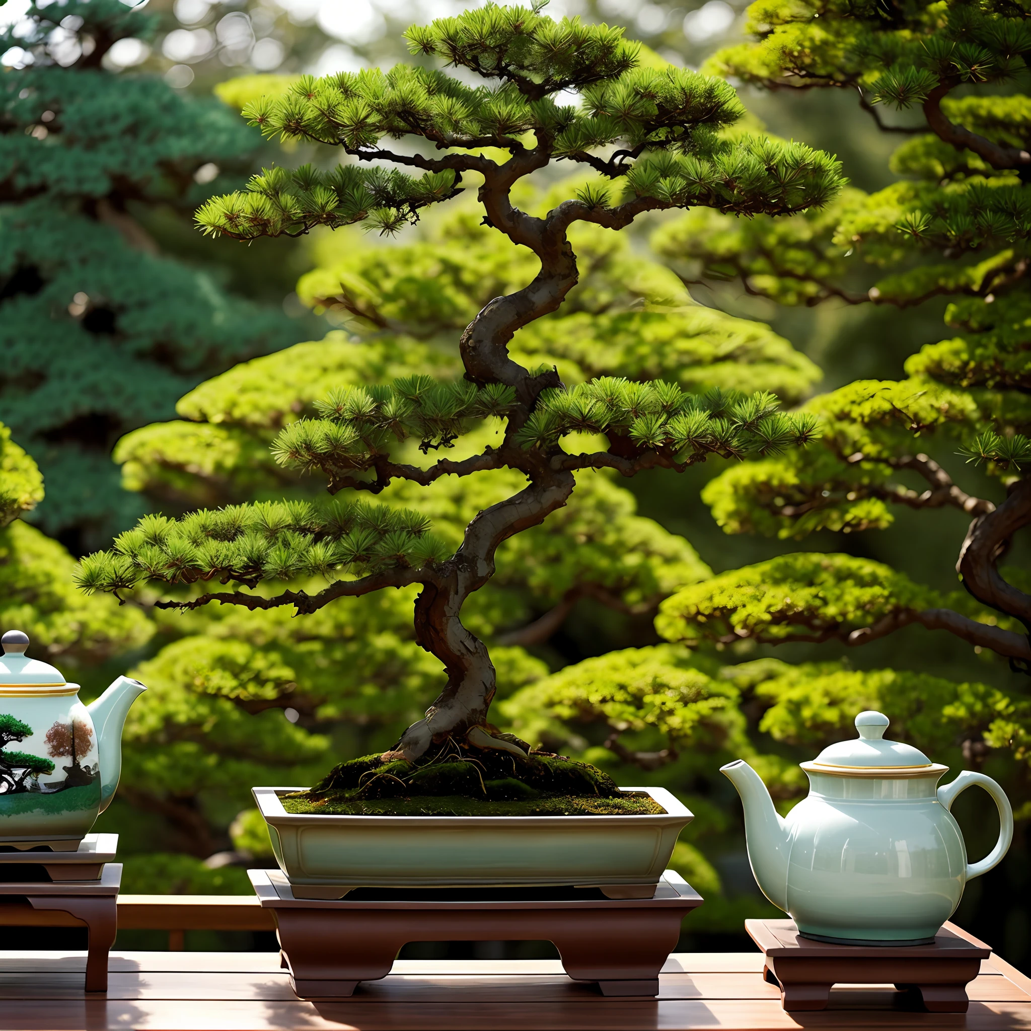 Three View，Bonsai，Rectangular jar，Monk pines are planted in pots，In an indoor tea room setting，The teacup is placed in the tea room，teapot，Overlooking，Splendor, Colorful, Amazing photography, dramatic  lighting, photo-realism, ultra - detailed, 4K