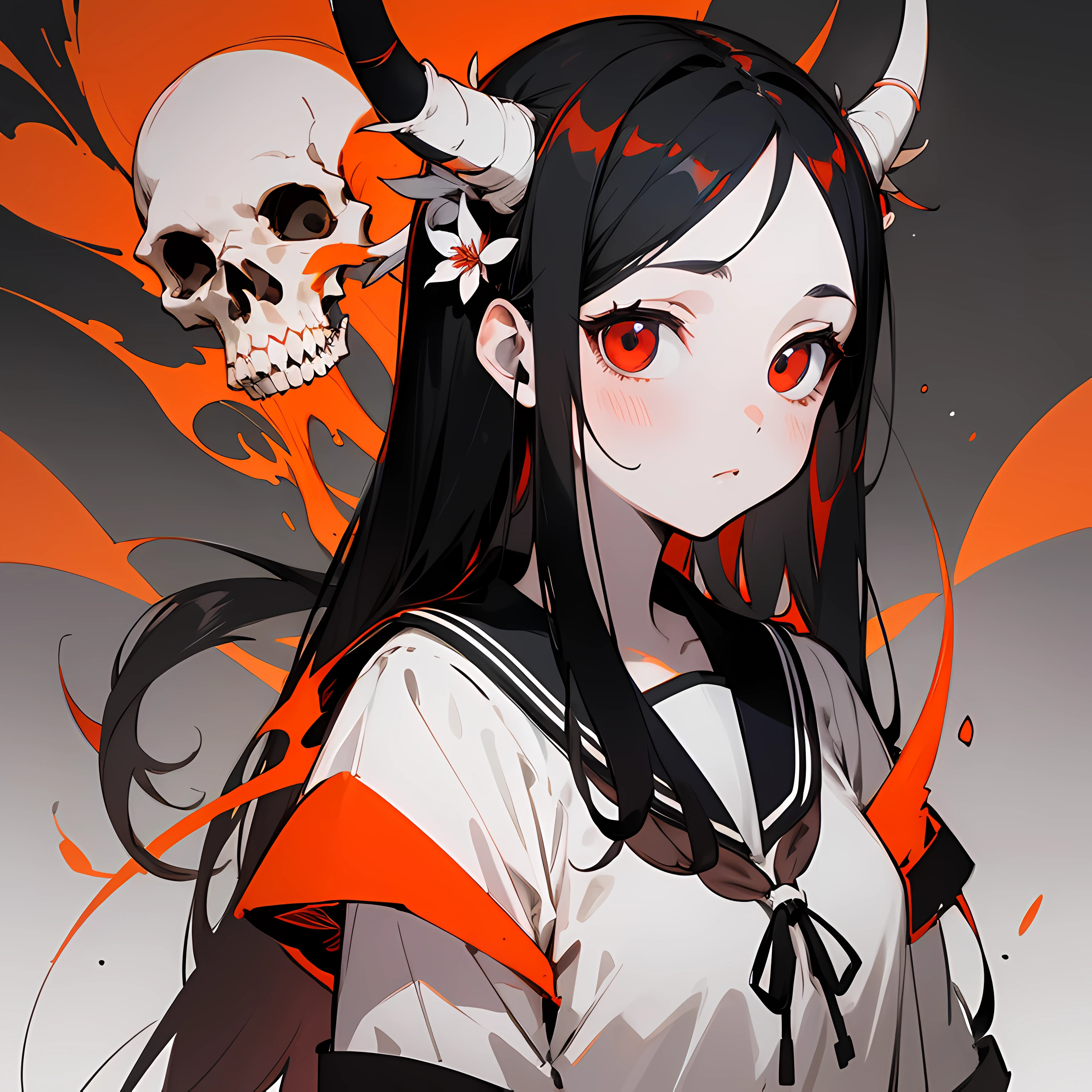 masterpiece, best quality, flat color, limited palette, low contrast,
1girl, serafuku, long straight black hair,
lycoris flower, goat skull,
(red, black)