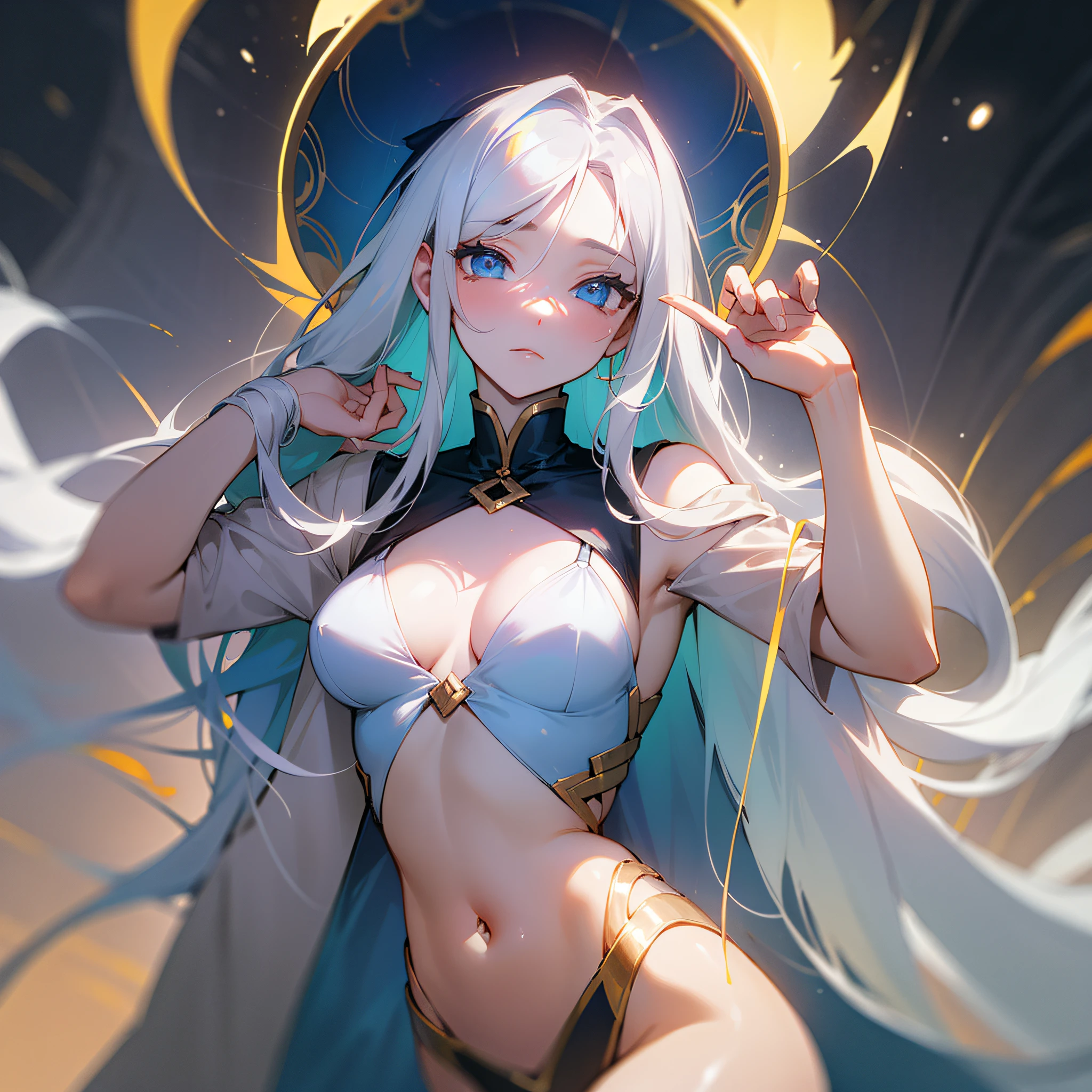 Works of masters，Best image quality，超高分辨率，Break XX，sorceress woman，long whitr hair，white colors，A patient expression，vacant eyes，blue colors，exposing her chest，The large，Erotic lingerie，lifting up skirt，Creampie，8K分辨率，Peerless beauty，Hair is depicted in detail，Small nose，exquisite lighting and shadows，The facial features of the golden ratio，k hd，with light glowing，White glowing particle effect，（rich colours），bare-legged，