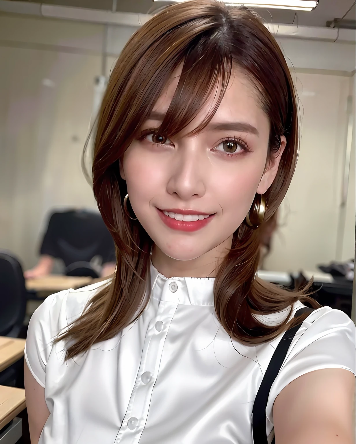 best quality, photorealistic, 8k, high res, 1girl, woman, (skindentation), (professional lighting), (portrait:0.6), (buttoned office shirt:1.64), (white choker:1), gorgeous, ((black hair)), (short straight hair:1.4), (flowing hair:1.6), (eyes looking at viewer:1), ((looking at viewer:1.6)), (looking at the camera), photorealistic, (bokeh), (portait:0.6), (dynamic pose:1.2), masterpiece, intricate, realistic, sharp focus, award-winning photograph, sfw, (smile:1.4),
