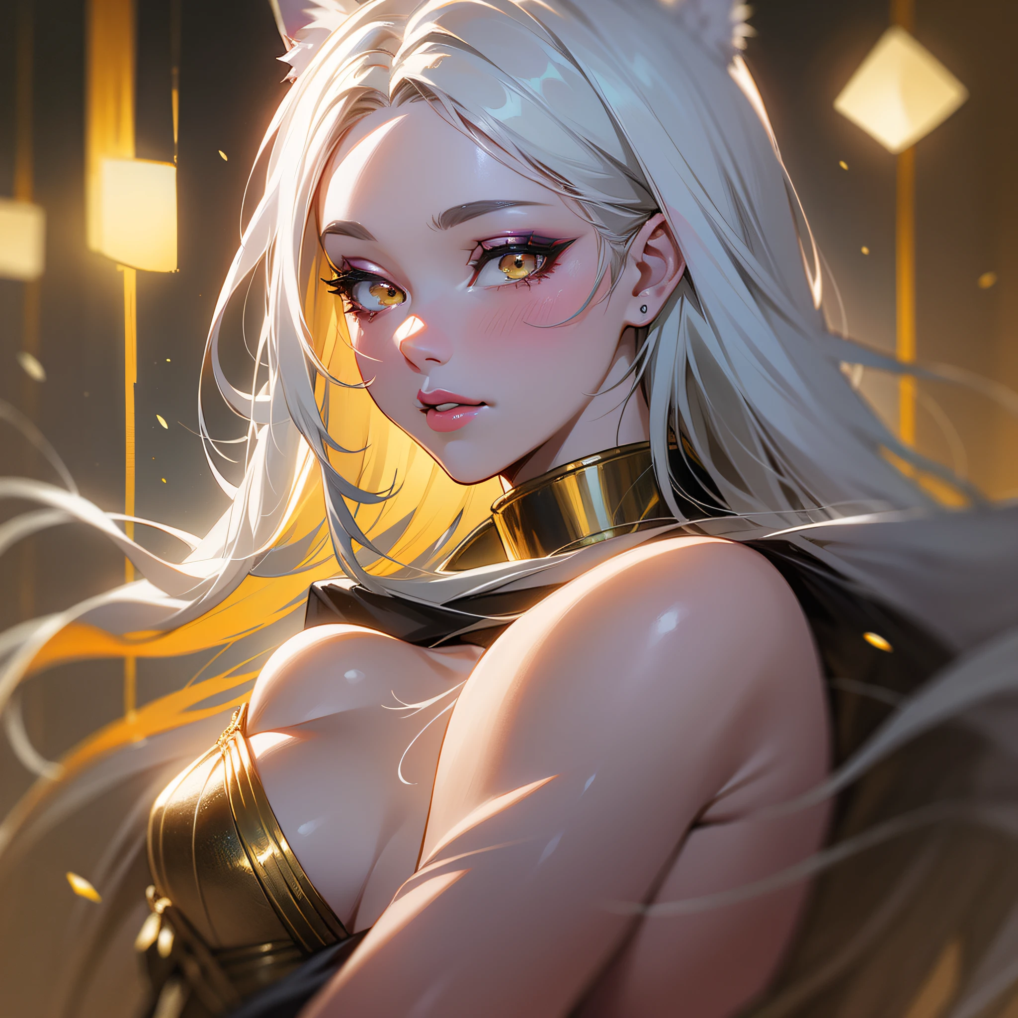 White hair，White skin，solo person，Beautuful Women，fox ear，Face Shadow，Facial highlights，gold eyes，Gradient eyes，white colored eyelashes，（rich colours），（Delicate makeup），（Thick lips），lipsticks，glowing light eyes，（High-gloss eyeshadow），（Smooth, straight hair），Delicate facial portrayal，The lighting effects of the movie，level，18k，Master masterpieces，Ultimate detail，rich colours，（The hair is decorated with a bow），（A beam of light hit her in the face），（Hair glowing hair），Peerless beauty，Hair is depicted in detail，Small nose，exquisite lighting and shadows，Straight nose，Very good skin type，Delicate eye description，Clear eyes，（Messy hair），The facial features of the golden ratio，k hd，with light glowing，8K分辨率，超高分辨率，Higher quality，fresh flowers，White glowing particle effect，lifting up skirt，Creampie，exposing her chest，The large，Erotic lingerie，