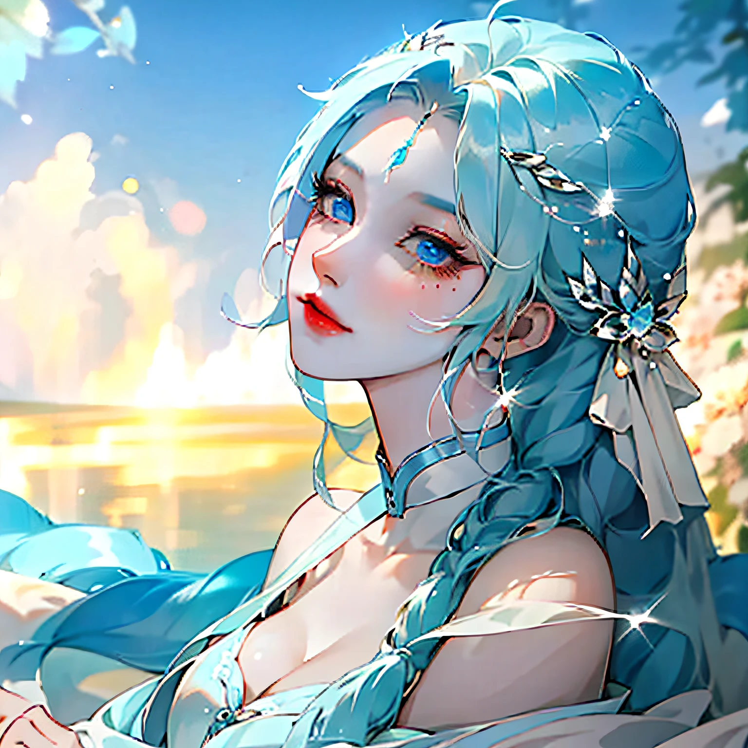 blue hairs,long braid,White-colored skin,Blue eyes,look up to,Light smile,full bodyesbian,tmasterpiece,Need