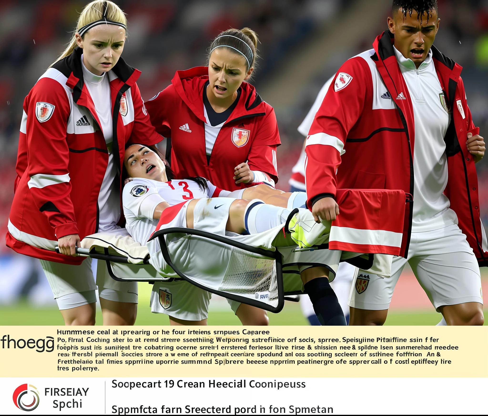 a soccer scene in a sports stadium, cool and wet weather conditions, humide ground, rainy sky, injury scene in a sports stadium, stretcher carry, there are four female medics carrying a stretcher, there are four female medics in very shiny coats who are carrying a stretcher in a sports stadium, there is a wounded male soccer player in a matte short cotton sports outfit lying on the stretcher, an injured male soccer player in matte cotton sportswear is lying in pain on a stretcher, a soccer player in matte cotton sports clothes is rearing up in intense pain while lying on a stretcher, dramatic scene, theatralic posing scene, dramatic pity scene, injury soccer, first aid, help, pity, there are four female medics in wetlook high-shine coats who are looking very sad and very terrified and very shocked, the injured soccer player is screaming out in pain while he is carried from the pitch on a stetcher