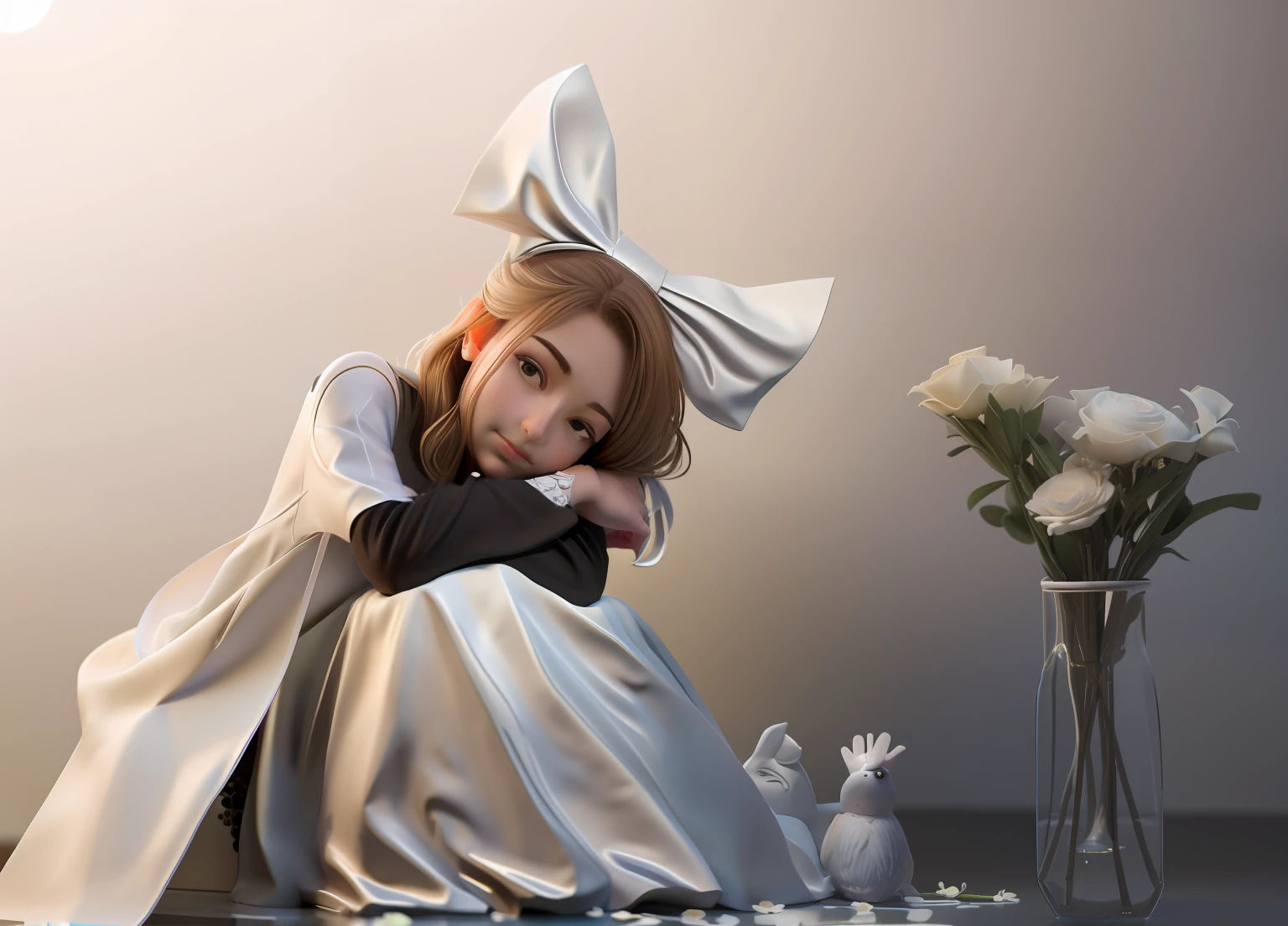 (Best quality: 1.1), (Realistic: 1.1), (Photography: 1.1), (highly details: 1.1),1female,Head on her hand, Bow on the head,white wedding gown,cleanness