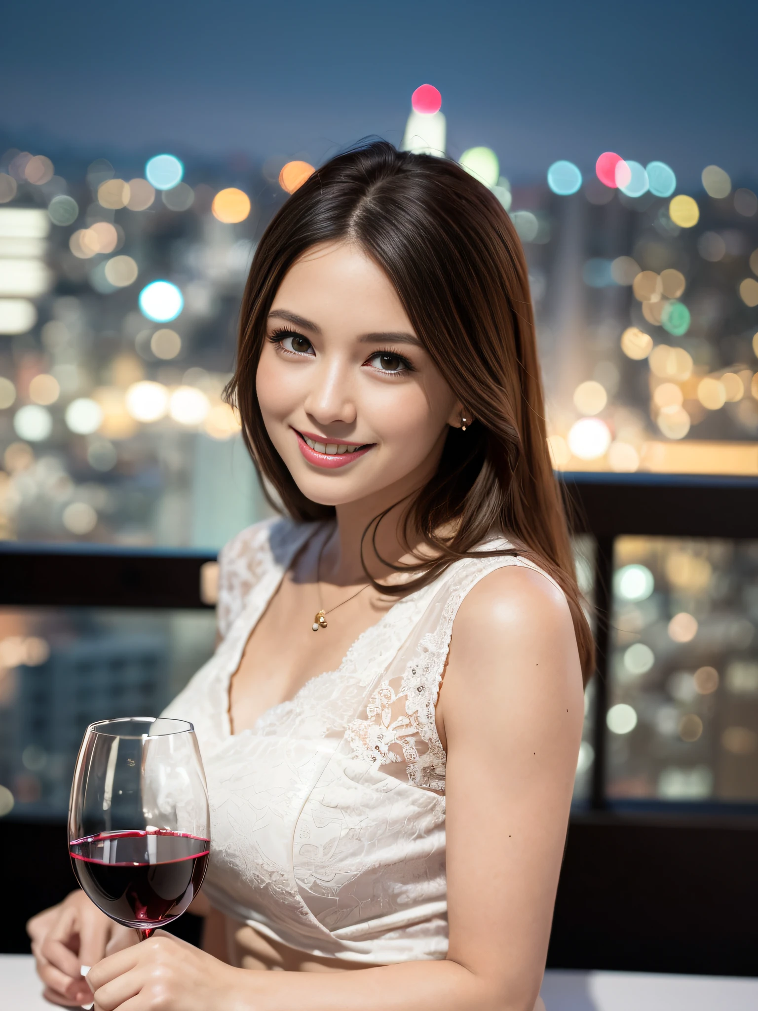 (64K, UHD, top quality, masterpiece: 1.2), (realistic, photorealistic: 1.37), super detailed, pretty woman 1 person, (slim face), (slim body), (brown hair), (short cut), cheeks slightly blushing, (44 years old), 38 years old, solo, beautiful detailed urban night view outside the window, restaurant, wine glasses sit, at night, in a prominent placeNovaFrogStyle, Actress, Model, Waist Up, White Wine, Slim, Wine Glass, Super Clean Night View, Wine Glass Put in the Middle, Happy Smile, (Smile: 1.15), Beautiful Fine Eyes, Upper Body, Bust Japan Up, Night, Short, Short, Actress, Model, Waist Up, White Wine, Slim, Wine Glass, Super Clean Night View, Wine Glass Put in the Middle, Happy Smile,