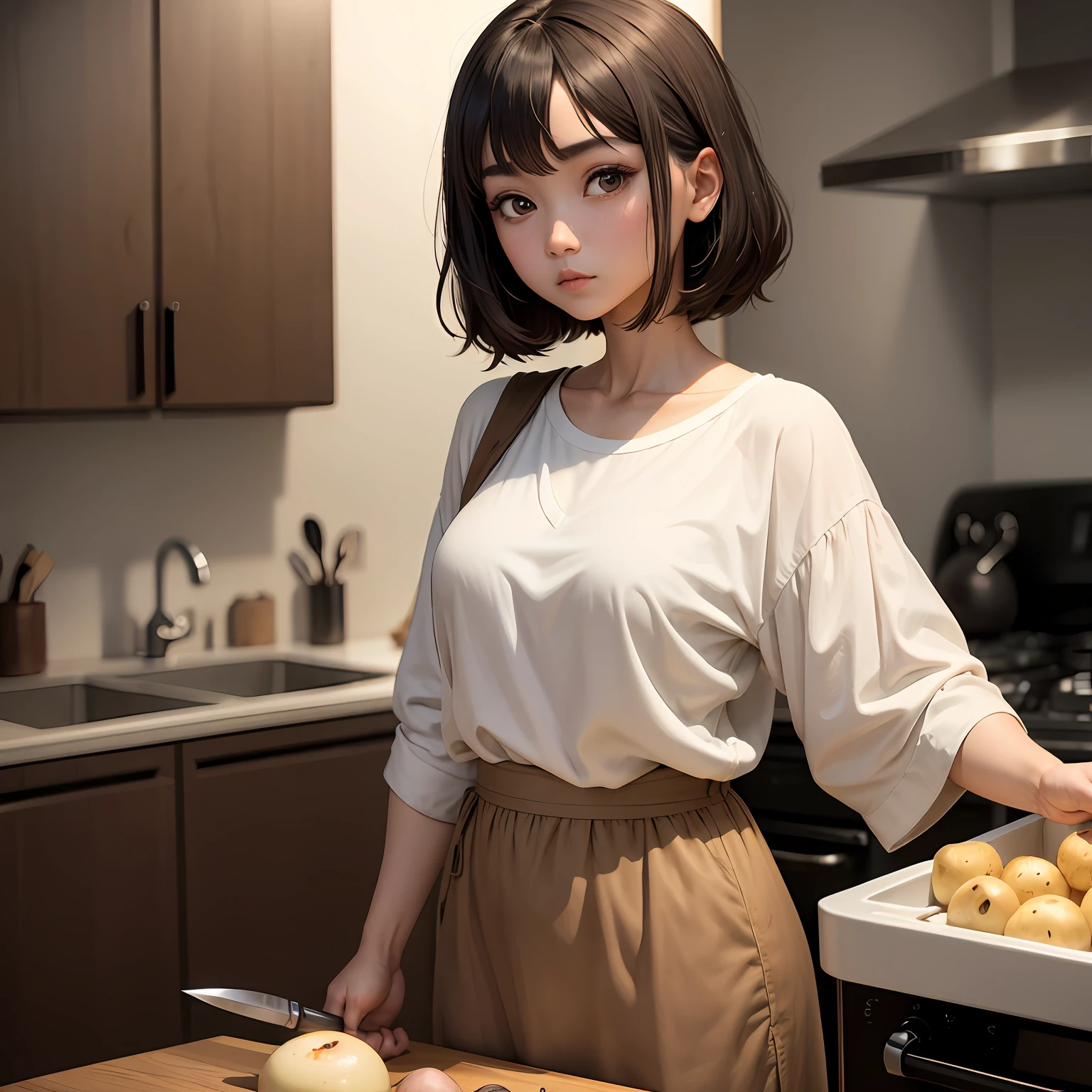 a pregirl，Black-brown dango head，Double eyelids, large eyes，In his early 30s，Wear a white loose-fitting shirt，Long brown dress，Cutting potatoes with a kitchen knife --auto