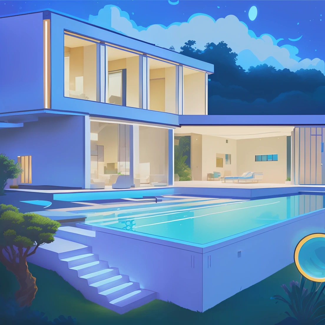 Illustration of house with swimming pool and magnifying glass, modern nocturnal background, fundo de casa, concept house, arte de fundo, vaporwave mansion, Stylized digital illustration, random background scene, Mobile game background, background artwork, rich house, Detailed 2D illustration, nightime village background, calm evening. Digital illustration, Highly detailed illustration, Casa futurista