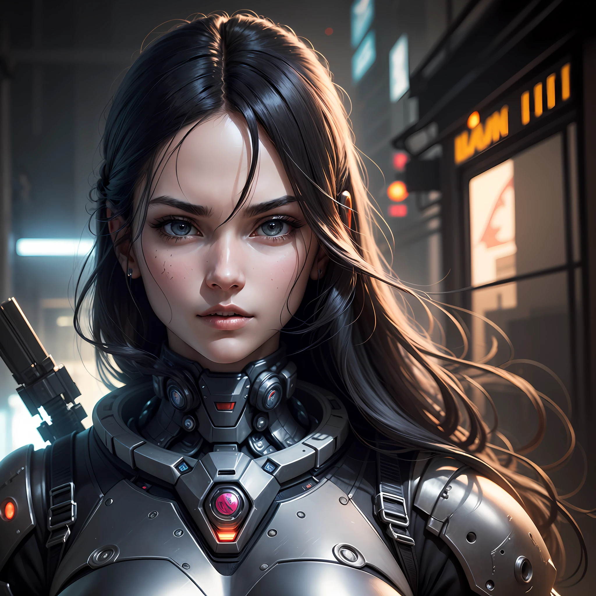 Wallpapers,one-girl, Long flowing black hair,Perfect facial features, exquisite face, super detailing, Mechanical armor, (Silver-gray mech), cool movement, Cyberpunk city, k hd, Lifelike, Movie quality,8K quality, Realistic portraits,High details, hyper HD,tmasterpiece --auto