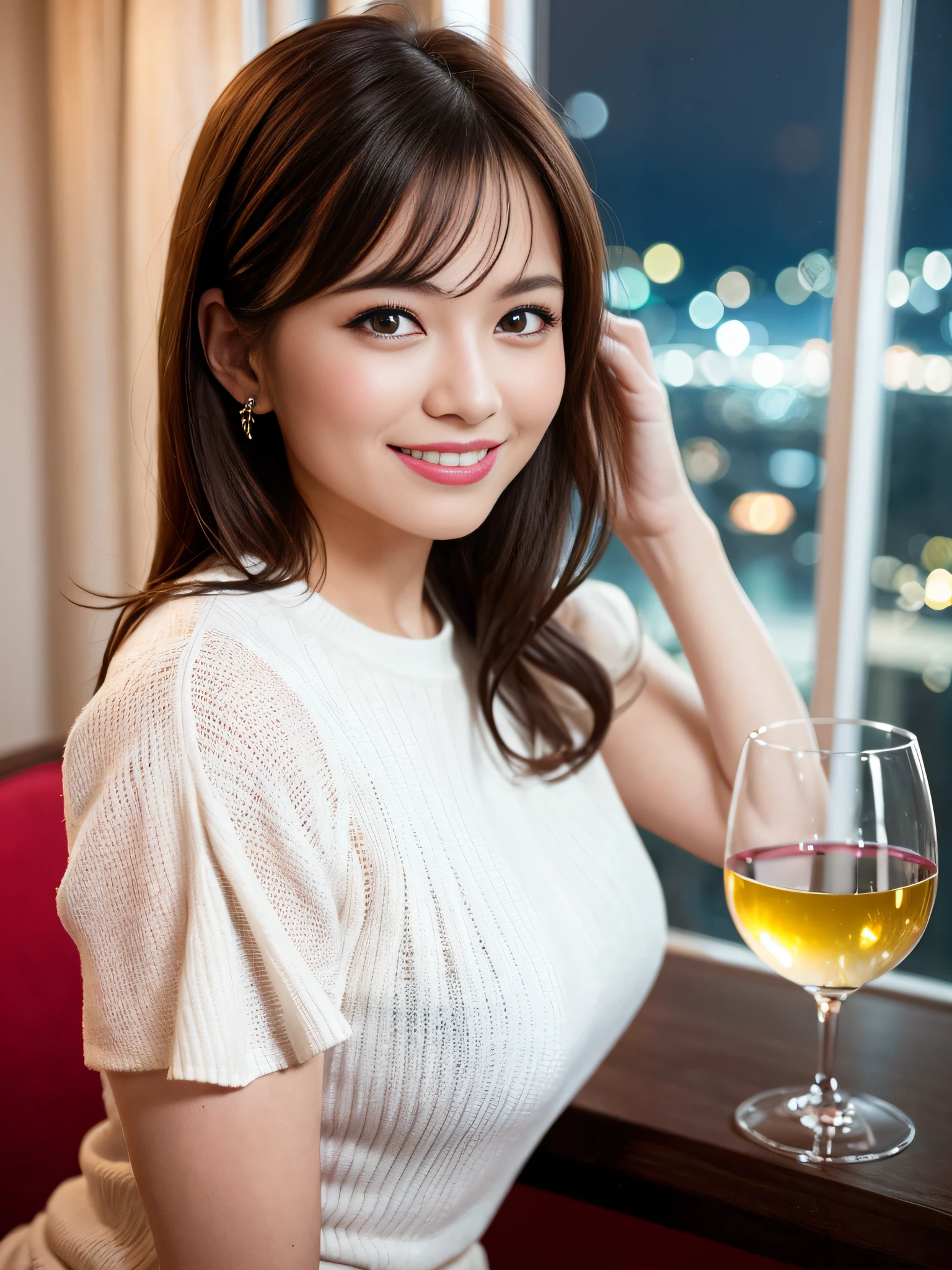 (64K, UHD, top quality, masterpiece: 1.2), (realistic, photorealistic: 1.37), super detailed, pretty woman 1 person, (slim face), (slim body), (brown hair), (short cut), cheeks slightly blushing, (44 years old), 38 years old, solo, beautiful detailed urban night view outside the window, restaurant, wine glasses sit, at night, in a prominent placeNovaFrogStyle, Actress, Model, Waist Up, White Wine, Slim, Wine Glass, Super Clean Night View, Wine Glass Put in the Middle, Happy Smile, (Smile: 1.15), Beautiful Fine Eyes, Upper Body, Bust Japan Up, Night, Short, Short, Actress, Model, Waist Up, White Wine, Slim, Wine Glass, Super Clean Night View, Wine Glass Put in the Middle, Happy Smile,