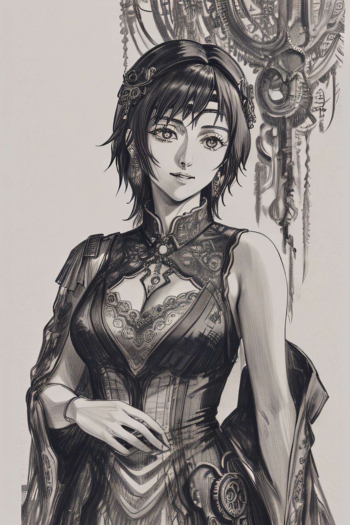 An exquisite greyscale pencil drawing capturing the alluring Himeno from the manga series Chainsaw Man, portrayed in a detailed portrait that extends till her torso. Himeno is depicted wearing a mesmerizing steampunk-inspired dress, intricately adorned with gears, chains, and delicate lace. The sketch showcases the fine details of her dress and the intricate shading that brings depth to her form. The drawing is rendered in 4K HDR, allowing for stunning visual clarity and contrast. The background is kept minimal to accentuate Himeno's captivating presence and the intricate steampunk aesthetics of her attire. Style: Detailed pencil drawing with a focus on precise linework, shading, and texture, capturing the essence of Himeno's steampunk dress. Execution: Created using high-quality pencils on fine-grained paper, employing various shading techniques to achieve a highly detailed and realistic portrayal. --ar 1:1 --v 5