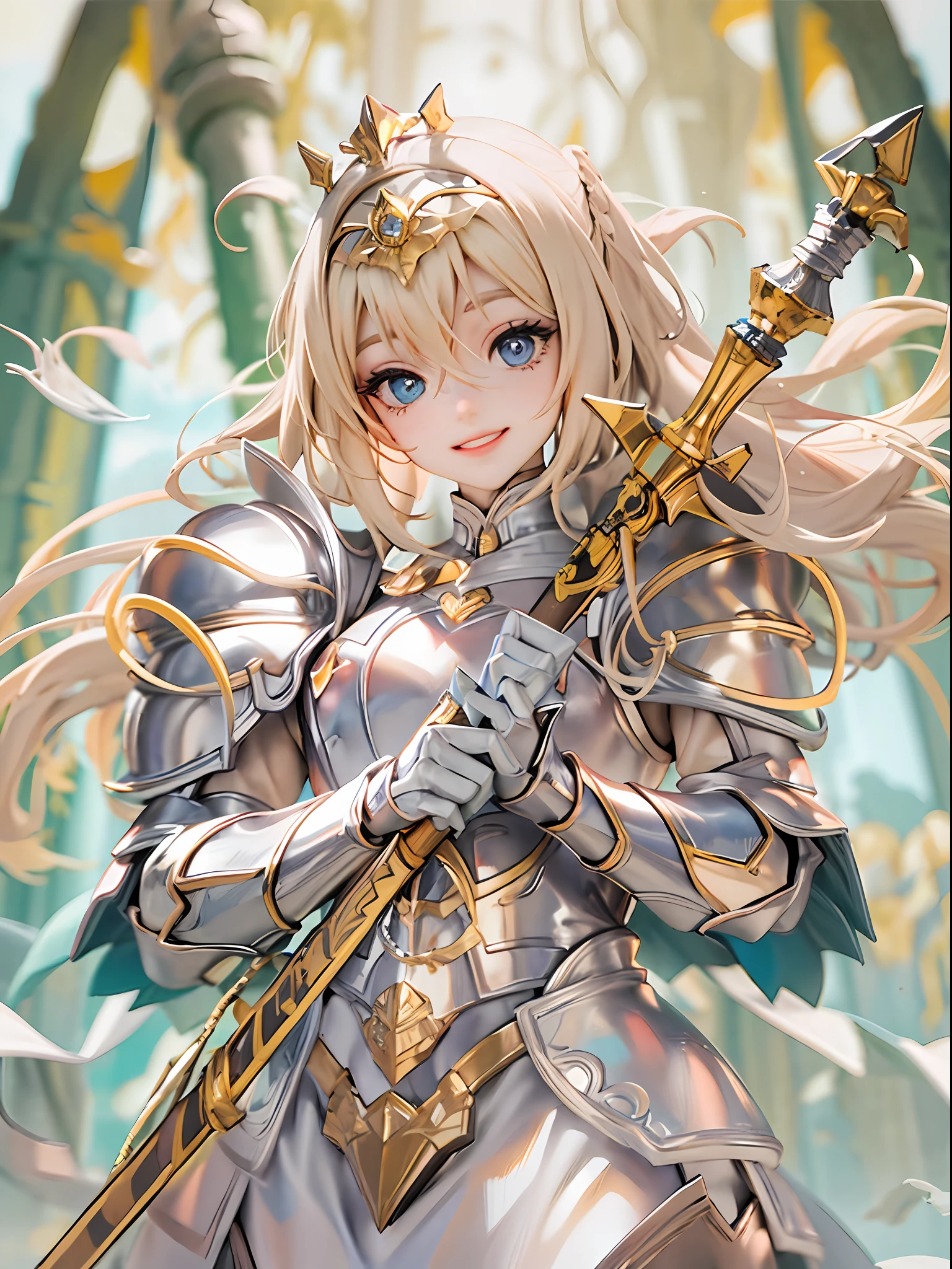 1girl, beautiful eye, smile, pearl white, gold, knight, determined and hopeful smile, pearl white and gold decorated armor, armor glowing with holy symbols, wheat blonde, long straight hair, back-length, deep ocean blue eyes, raising sword high and looking up to the sky, ancient temple floating in the sky,