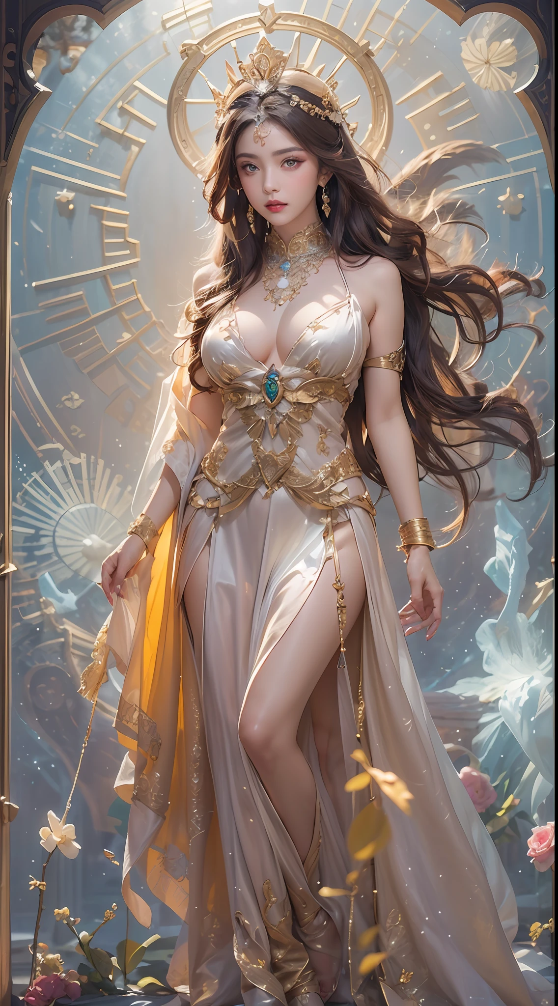 1 27-year-old girl, 1 goddess from the future athena, 12 zodiac signs pink purple goddess, goddess athena sexy face thin yellow nightgown, long thin nightdress 12 zodiac many details sexy black lace , mythical goddess athena from the future, elegant glitter athena style, dark and mysterious version, athena crown, vermilion lips, thin and beautiful lips, goddess athena not smiling, pair pursed lips, characters created by karol bak and pino daeni, intricate detail, detailed background, extremely detailed, light french, female, inner face, side view of goddess Athena, ( big and round breasts: 1.8), (very flat and regular chest: 1.8) phoenix hair brooch, long hair neatly tied up, (Long hair has 7 colors like rainbow: 1.9), beautiful face in detail and balance for balanced eyes, (transparent yellow eyes: 1.8 ), big round eyes and very nice and detailed makeup, visionary, long silk nightgown, mysterious makeup, bracelets, bangs and dye pale yellow, upper body, (athena's upper body): 1.8 ), drooping arms, realistic and vivid image, (stars that make up athena: 1.7), (athena sky and portals of time and fictional space: 1.8), fictional art , RAW photo, hanfu photo, best photo, high_res, best quality, best photo, 8k quality, 8k extreme, surrealism, real economy photo best, art portrait of athena sign, 1 back athena sign icon, single athena portrait, truest color scheme, best color photo, masterpiece, hair decoration, necklace, jewelry, beautiful face, upper body, tyndall effect, optics, dark studio, border light, two tone light, (high skin detail: 1.2), 8k uhd, dslr, soft light, high quality, volumetric light, natural, Photo, high resolution, 4k quality, 8k, Bokeh, Smooth and sharp, 10x pixels, seductive Athena, sexy athena, (background space: 1.8), (stripes) galaxy: 1.7), aurora, lightning, (Aurora Background: 1.8), perfect eyes, picture perfect eyes, beautiful goddess and flowers,