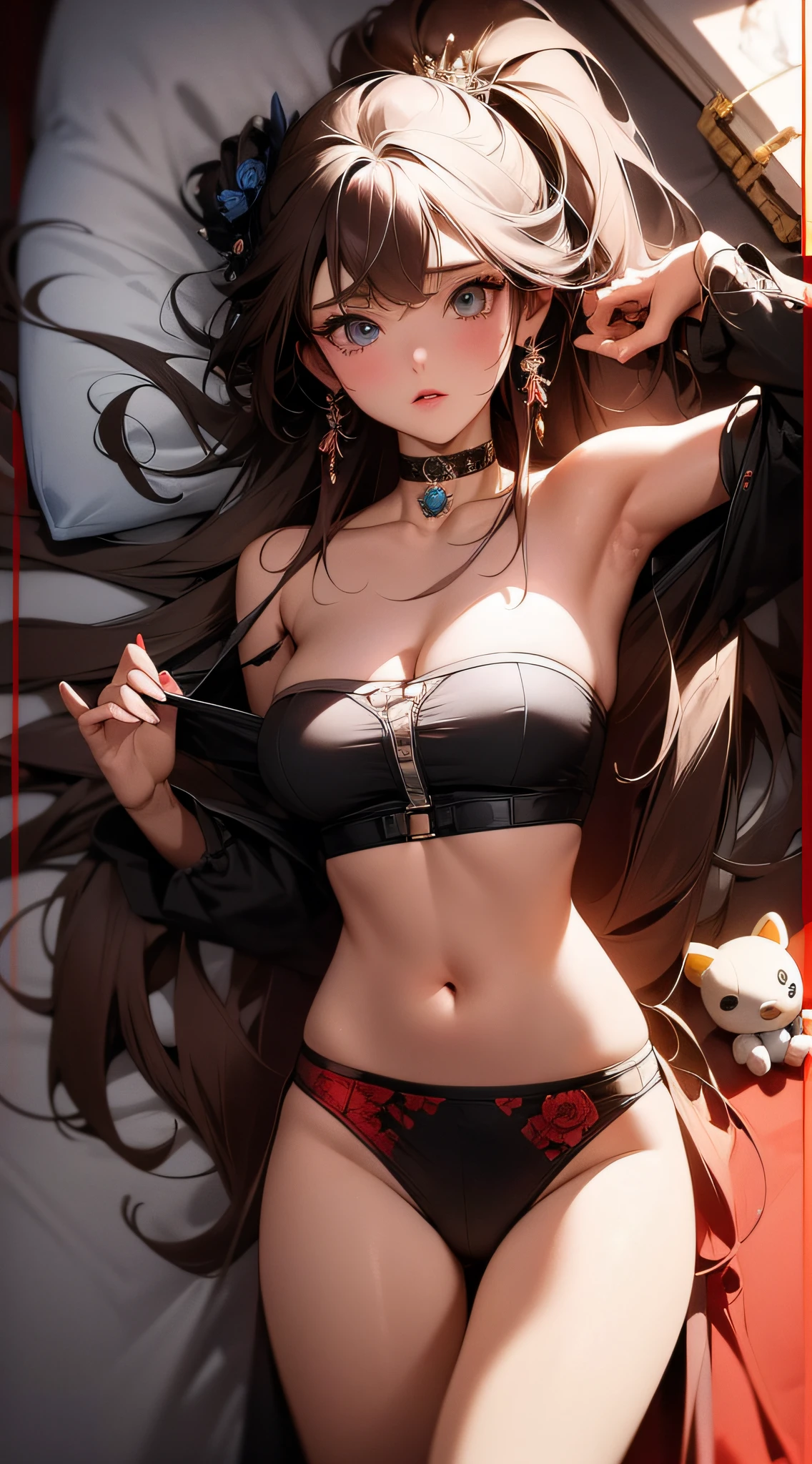 ((Masterpiece)), best quality, absurderes, ultra detailed, super beautiful girl with beautiful eyes and beautiful multicolored hair, high ponytail, nice and sexy body, wearing tight boxers with cute drawings and a strapless crop top with an anime drawing, beautiful hair ornament, full body, sexy pose, flirting with viewer, in a bedroom with a video game console and cute plushies