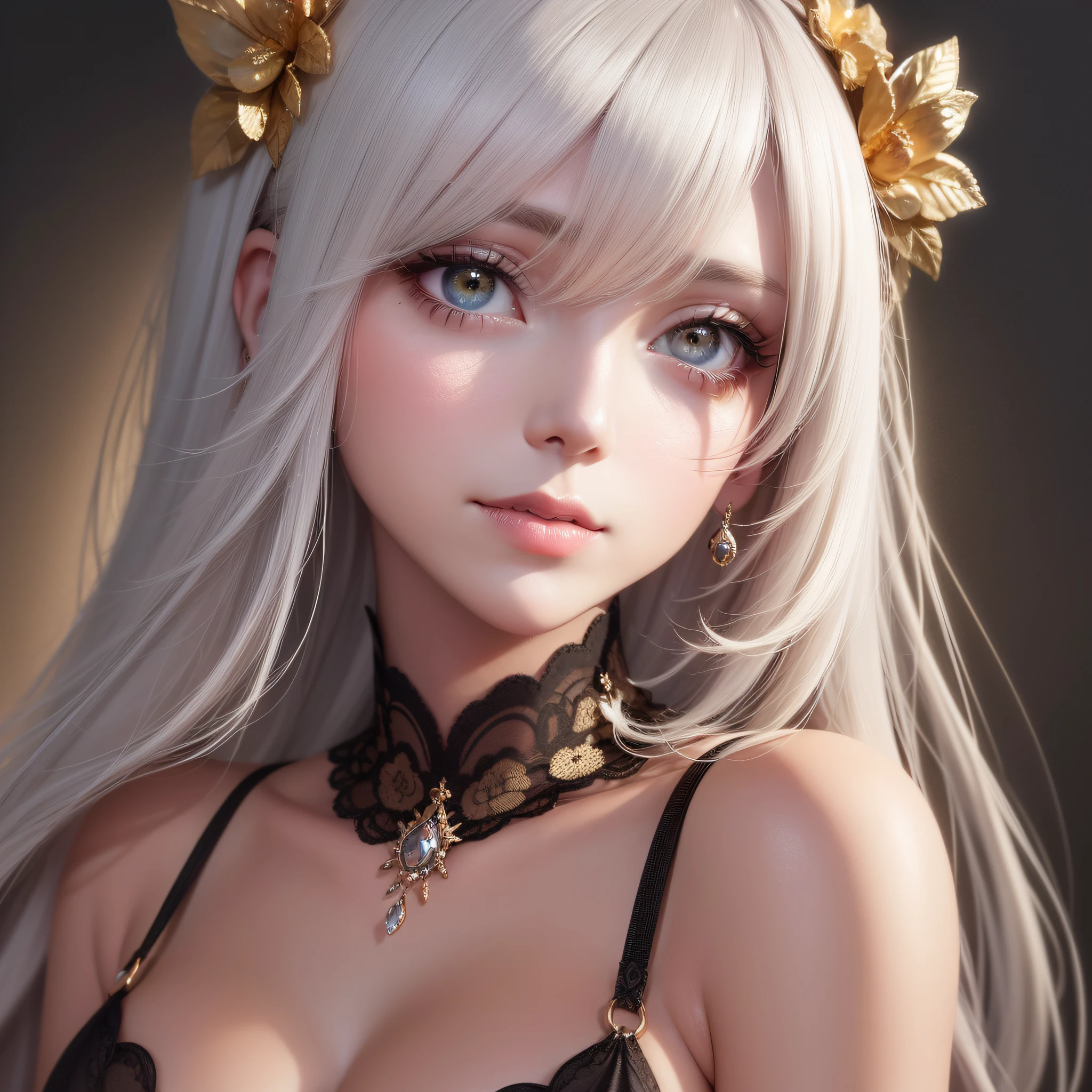 White hair，White skin，solo person，Beautuful Women，fox ear，Face Shadow，Facial highlights，gold eyes，Gradient eyes，white colored eyelashes，（rich colours），（Delicate makeup），（Thick lips），lipsticks，glowing light eyes，（High-gloss eyeshadow），（Smooth, straight hair），Delicate facial portrayal，The lighting effects of the movie，level，18k，Master masterpieces，Ultimate detail，rich colours，（The hair is decorated with a bow），（A beam of light hit her in the face），（Hair glowing hair），Peerless beauty，Hair is depicted in detail，Small nose，exquisite lighting and shadows，Straight nose，Very good skin type，Delicate eye description，Clear eyes，（Messy hair），The facial features of the golden ratio，k hd，with light glowing，8K分辨率，超高分辨率，Higher quality，fresh flowers，White glowing particle effect，lifting up skirt，Creampie，exposing her chest，The large，Erotic lingerie，