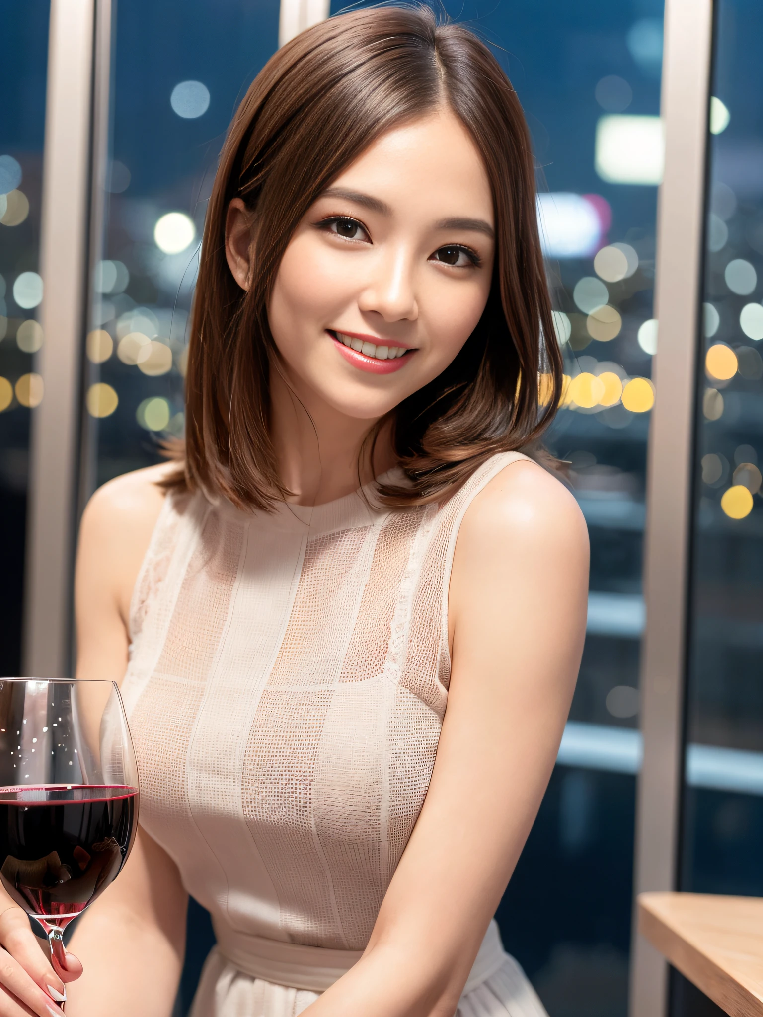 (64K, UHD, top quality, masterpiece: 1.2), (realistic, photorealistic: 1.37), super detailed, pretty woman 1 person, (slim face), (slim body), (brown hair), (short cut), cheeks slightly blushing, (44 years old), 38 years old, solo, beautiful detailed urban night view outside the window, restaurant, wine glasses sit, at night, in a prominent placeNovaFrogStyle, Actress, Model, Waist Up, White Wine, Slim, Wine Glass, Super Clean Night View, Wine Glass Put in the Middle, Happy Smile, (Smile: 1.15), Beautiful Fine Eyes, Upper Body, Bust Japan Up, Night, Short, Short, Actress, Model, Waist Up, White Wine, Slim, Wine Glass, Super Clean Night View, Wine Glass Put in the Middle, Happy Smile,
