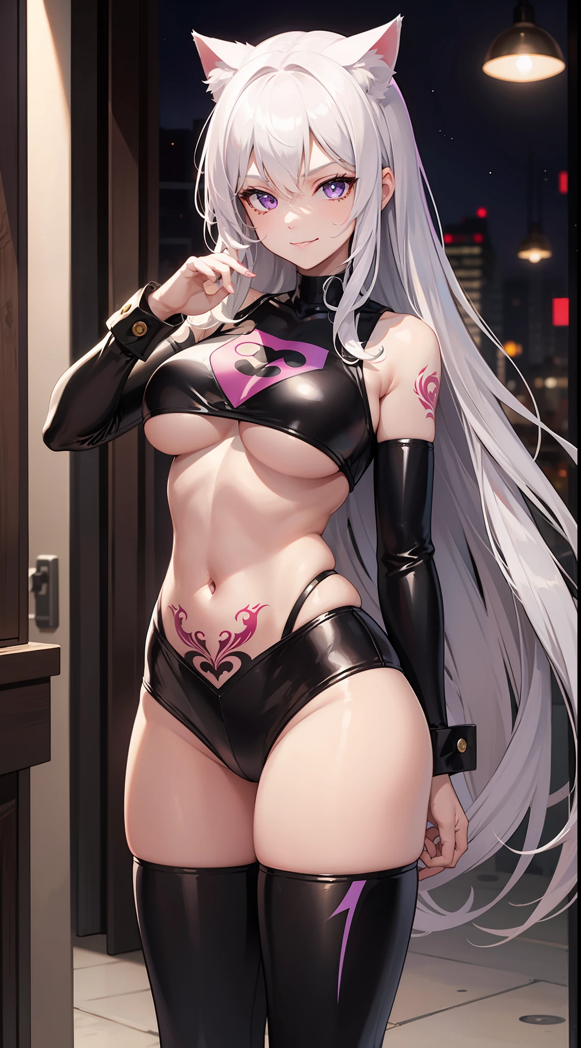 young girl, Long white hair, cat ears, violet eyes, smirk, tattoo, Superhero Uniform, open belly, The inside of the boob, Masterpiece, hiquality