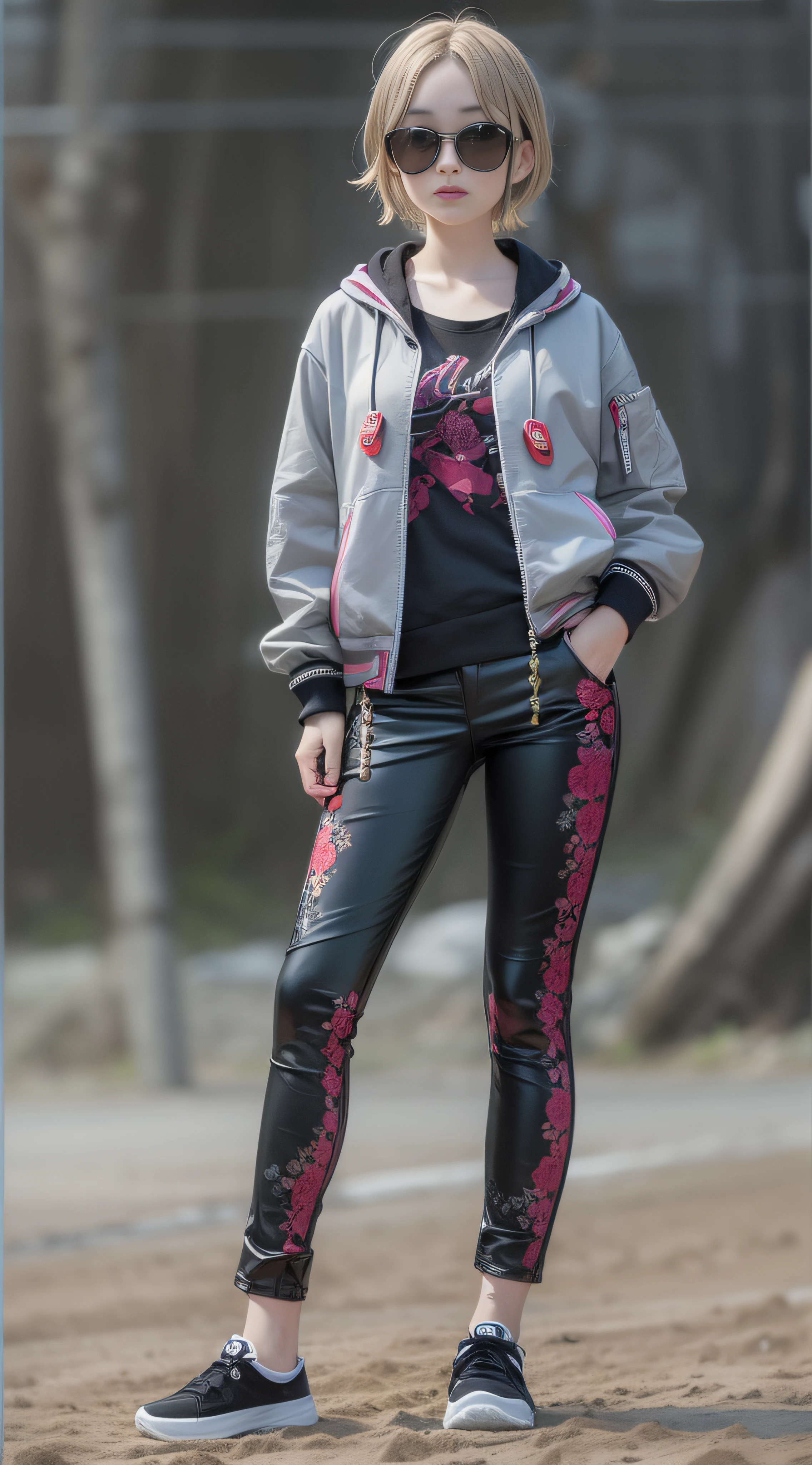 Real Human，sweet，slim，solo person，Full body photo of the front，校服，teens girl，Wear metal glasses，Background sandy beach，Need，tmasterpiece