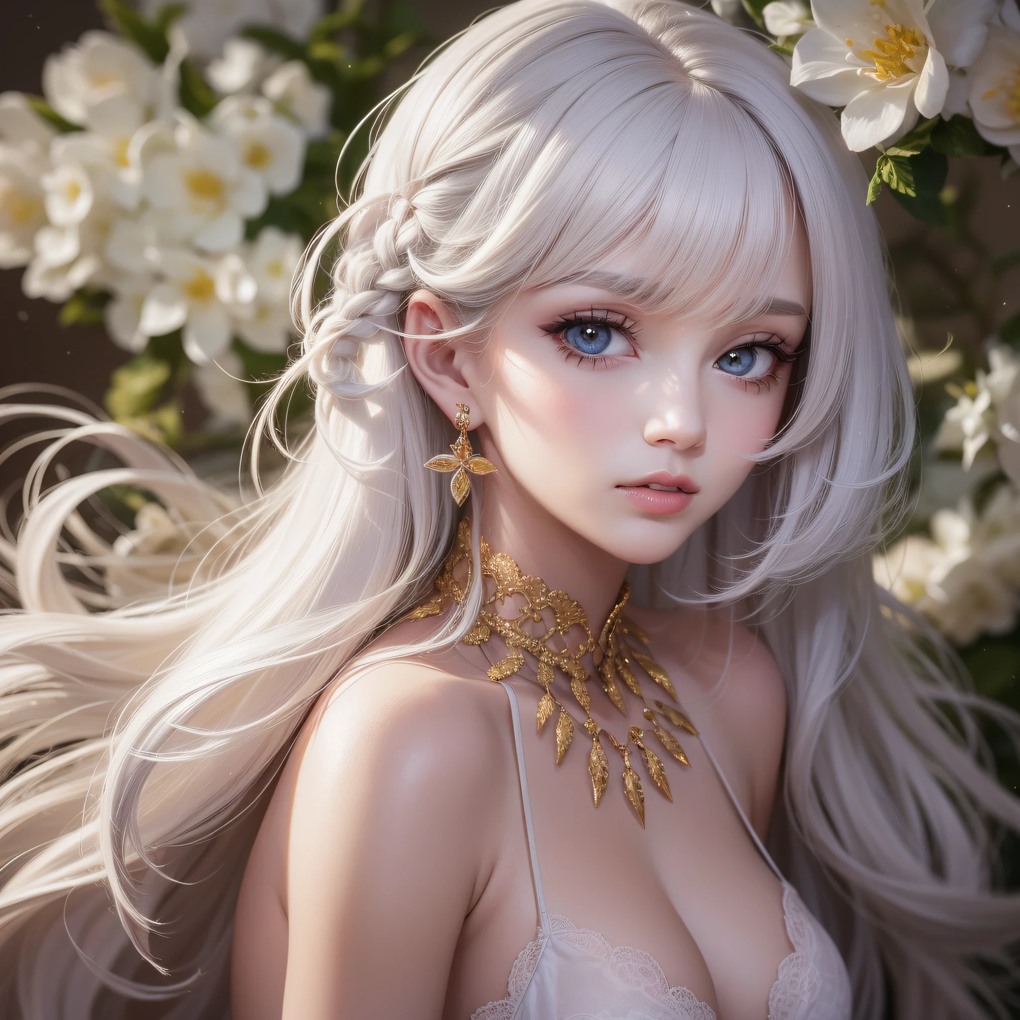 White hair,White skin,solo person,Beautuful Women,fox ear,Face Shadow,Facial highlights,gold eyes,Gradient eyes,white colored eyelashes,(rich colours),(Delicate makeup),(Thick lips),lipsticks,glowing light eyes,(High-gloss eyeshadow),(Smooth, straight hair),Delicate facial portrayal,The lighting effects of the movie,level,18k,Master masterpieces,Ultimate detail,rich colours,(The hair is decorated with a bow),(A beam of light hit her in the face),(Hair glowing hair),Peerless beauty,Hair is depicted in detail,Small nose,exquisite lighting and shadows,Straight nose,Very good skin type,Delicate eye description,Clear eyes,(Messy hair),The facial features of the golden ratio,k hd,with light glowing,8K分辨率,超高分辨率,Higher quality,fresh flowers,White glowing particle effect,lifting up skirt,Creampie,exposing her chest,The large,Erotic lingerie,