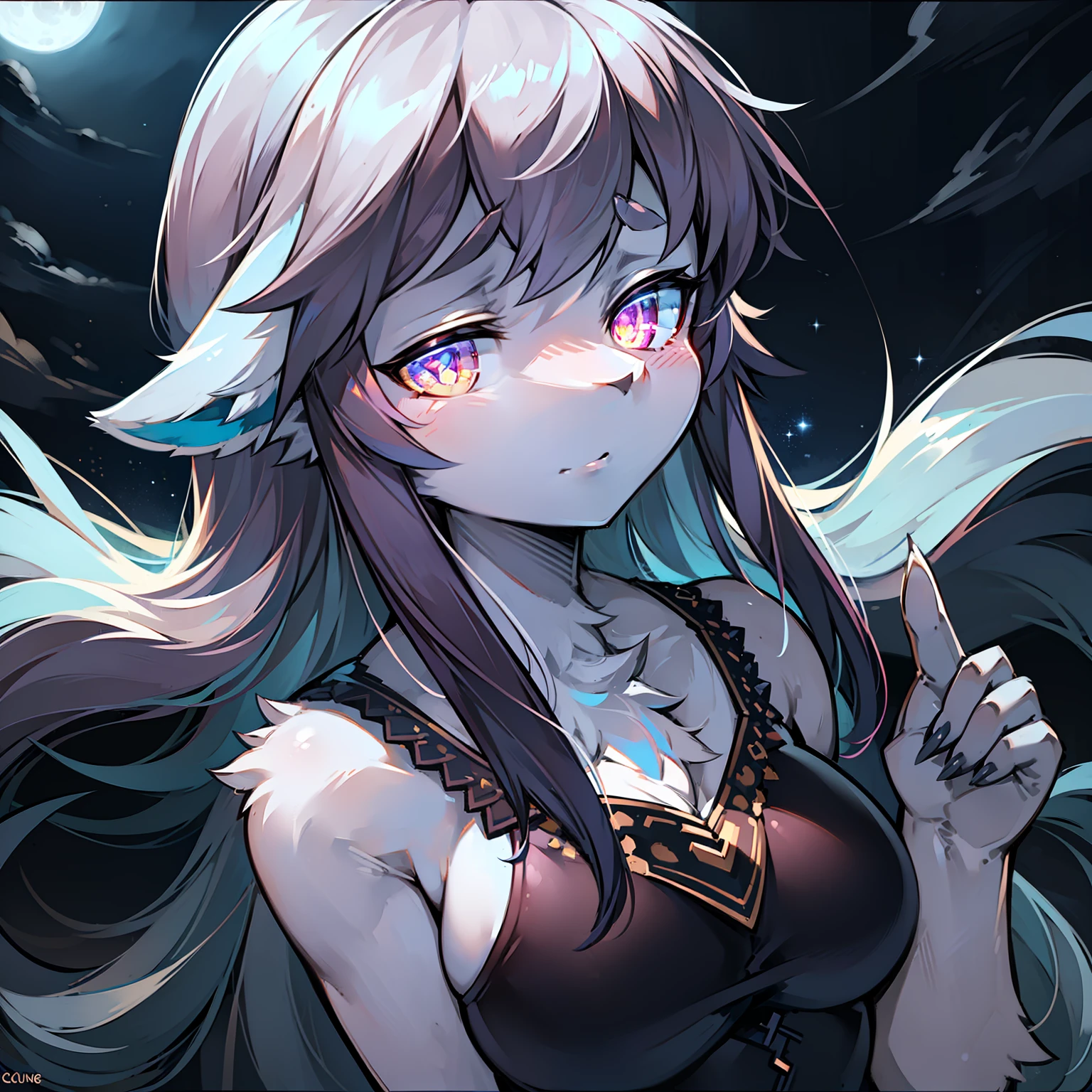 (Masterpiece), Best quality, Dynamic Angle, Dynamic gesture,(Furry + Sexy:1.5+), glittering ocean, full moon, Floating, midnight, sparkling hair, Sensual expression, Glowing eyes, Based on beautiful landscapes,Enhance the beauty of the pattern, aquarelle. Feminine,The face of a human female