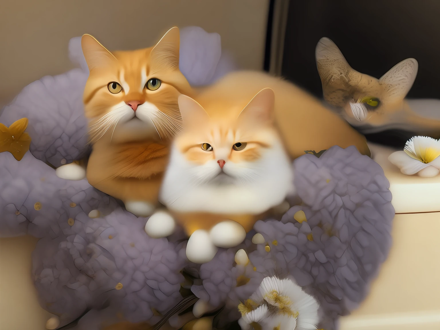 Very cute fluffy yellow and white domestic cat,largeeyes,fresh flowers,Flowers,full bodyesbian,Open-mouthed,laughingly,Professional light,Depth of field 8K,Golden Magic Hour,professional photoshooting,rendering by octane,Ultra realistic - amazing sunlight,dynamic compositions,photography of,Sharp focus,Background bokeh,Open-mouthed,laughingly!!!
