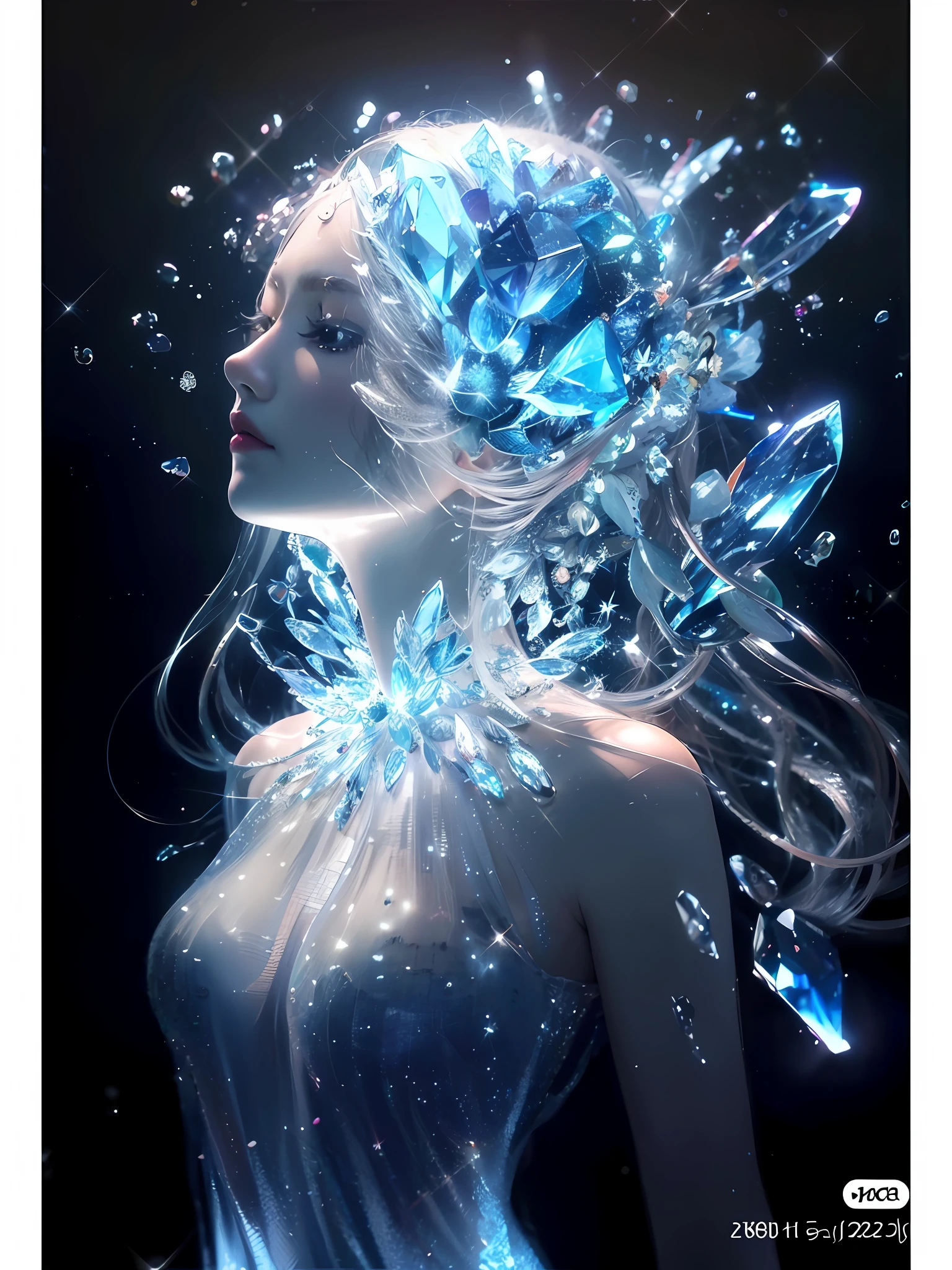 Close-up of a woman in a blue dress and crystal headdress, Ice Princess, Ice Queen, ice sorceress, queen of ice, female made of ice, closeup fantasy with water magic, gorgeous digital art, crystallic, Exquisite digital illustration, 🌺 CGSesociety, Ethereal beauty, icy, cgsociety 8k, cgsociety 8k