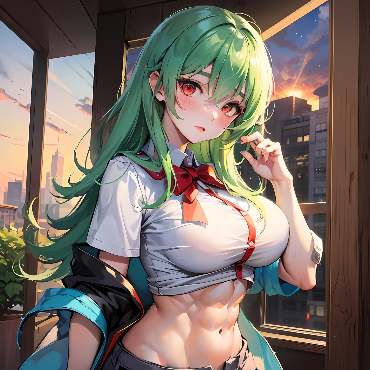 s Eight-pack abs Horsetail Leg muscles Summer school uniform Shorts Blush Green hair Red eyes Upper body Leaner body Super large breasts Bust over 150 cm Giant breasts