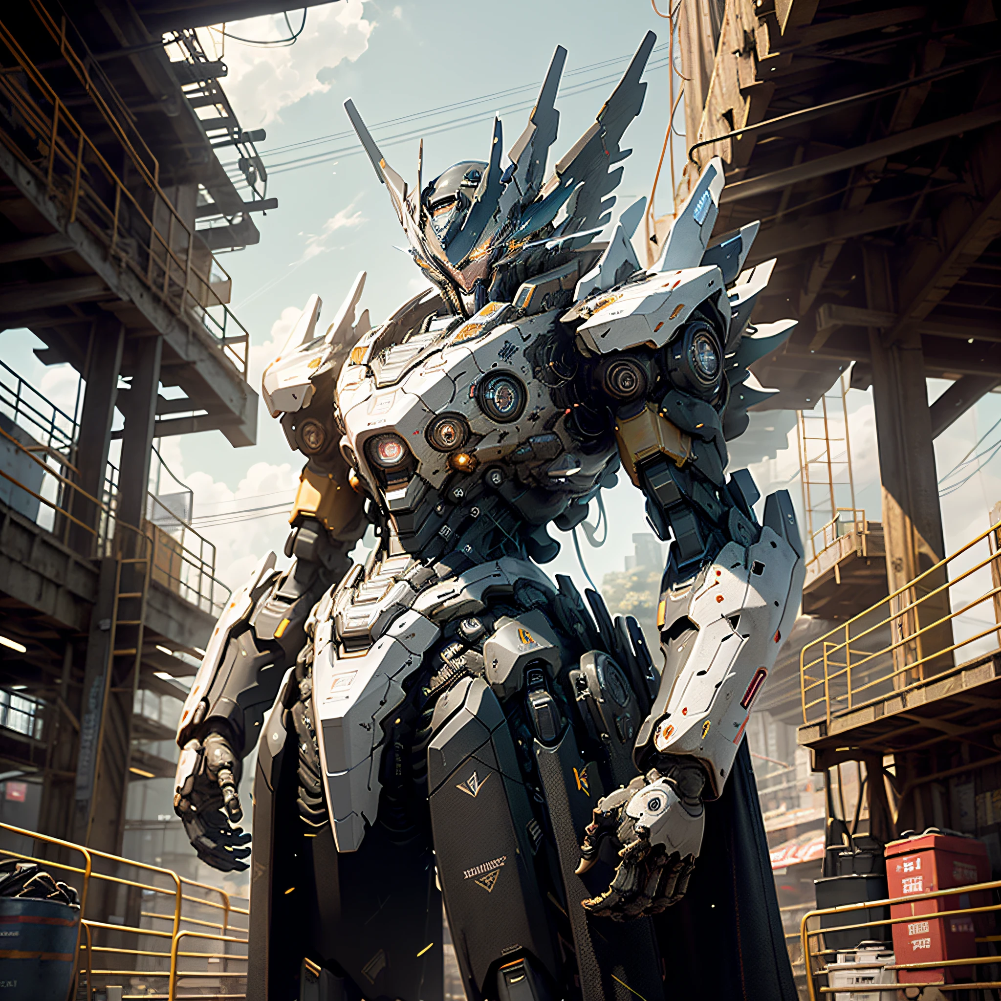 ((Best quality)), ((masterpiece)), (highly detailed:1.3), 3D, prette,(cyberpunk:1.2) ,Starcloud,holding_weapon,(1Female mecha:1.3),Facing the audience,glowing light eyes,full bodyesbian,(dyna,dynamic blur:1.4),,Look up,glowing_eyes,mecha,in a panoramic view,Starcloud,space,Particle,Realistis,HDR(HighDynamicRange)、Ray traching、NVIDIA RTX、Hyper-Resolution、illusory 5、sub surface scattering、PBR Texture、post-proces、Anisotropy Filtering、depth of fields、maximum definition and sharpness,Many-Layer Textures、Albedo and Specular maps、Surface shading、Accurately simulate light-material interactions、perfectly proportions、Octane Render、twotonelighting、largeaperture、Low ISO、White balance、the rule of thirds、8K RAW、High efficiency sub-pixels,sub-pixel convolution,
