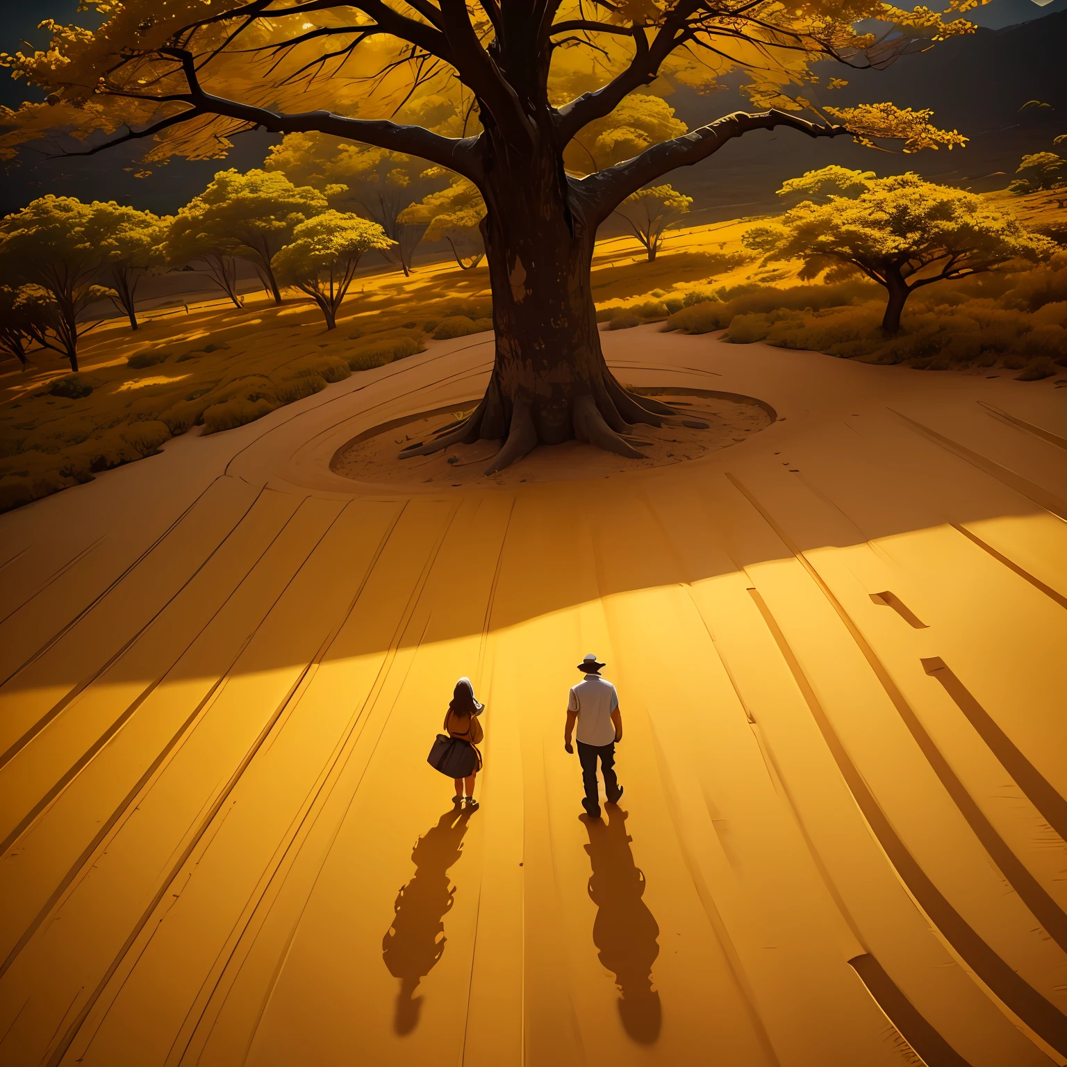 The color tone of the picture is golden yellow,The viewing angle is to look down from the sky at a 45-degree angle,On the left is a tree,Round on top,On the right is a small couple,Student style,In the middle there is a row of footprints that they walked on,In the distance are some golden jungles --auto
