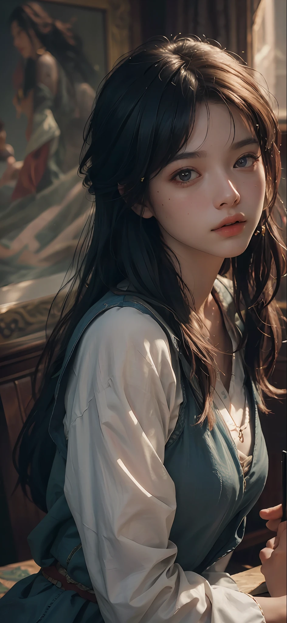 (RAW photo, best quality), (realistic, photo-realistic:1.3),best quality,highly detailed,masterpiece,ultra-detailed,illustration,1girl,upper_body,dynamic angle,world masterpiece theater,messy_long_hair,best quality,extremely detailed CG unity 8k wallpaper,ink,Amazing,cinematic lighting,lens_flare, dunhuang_style