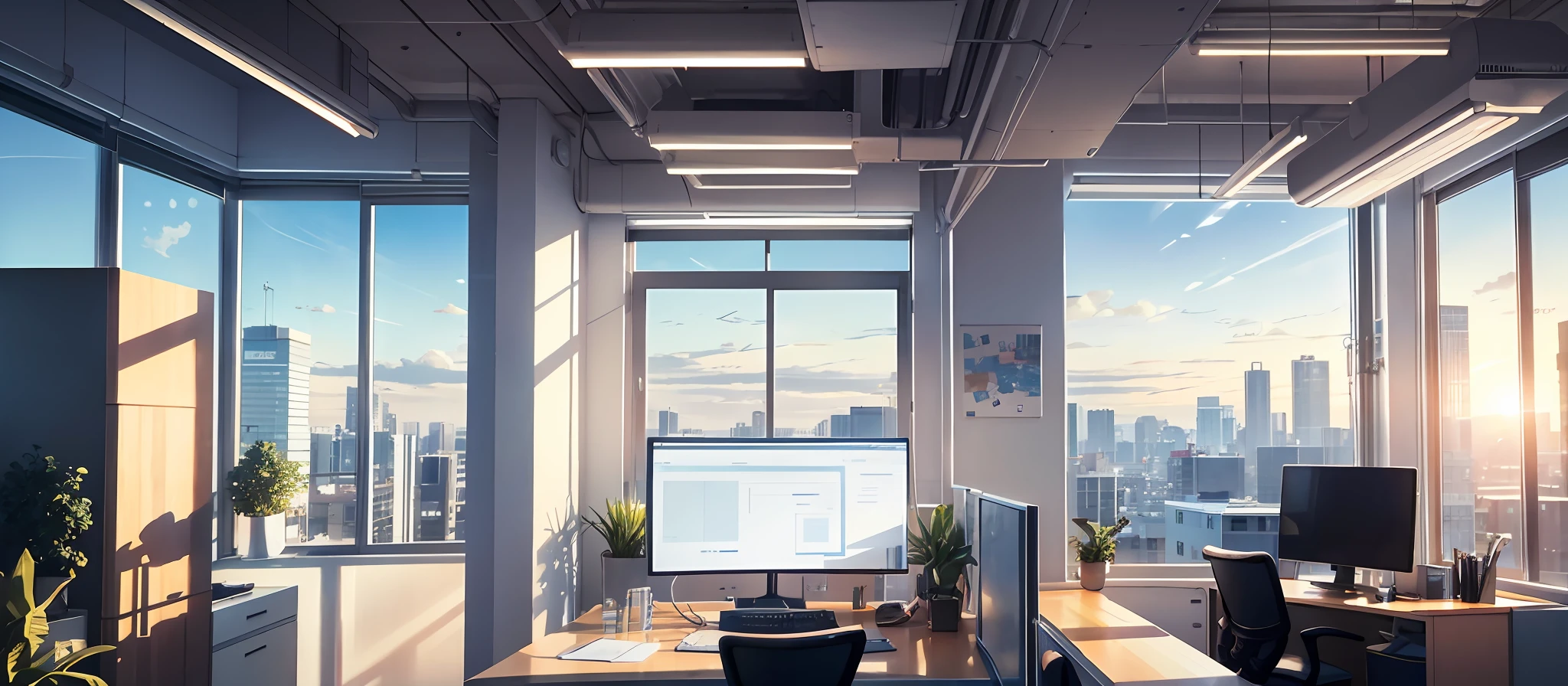 In front of the desk，Computer, Sky outside the window，In the daytime，and the sun was shining brightly，In the office, artstation hq, working in an office, At the office, office backdrop, in a open-space working space, in front of a computer, in a office, big desk