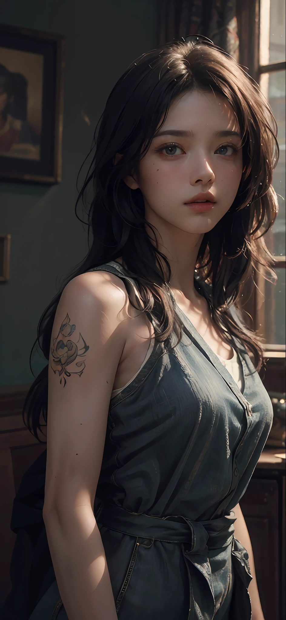 (RAW photo, best quality), (realistic, photo-realistic:1.3),best quality,highly detailed,masterpiece,ultra-detailed,illustration,1girl,upper_body,dynamic angle,world masterpiece theater,messy_long_hair,best quality,extremely detailed CG unity 8k wallpaper,ink,Amazing,cinematic lighting,lens_flare, dunhuang_style