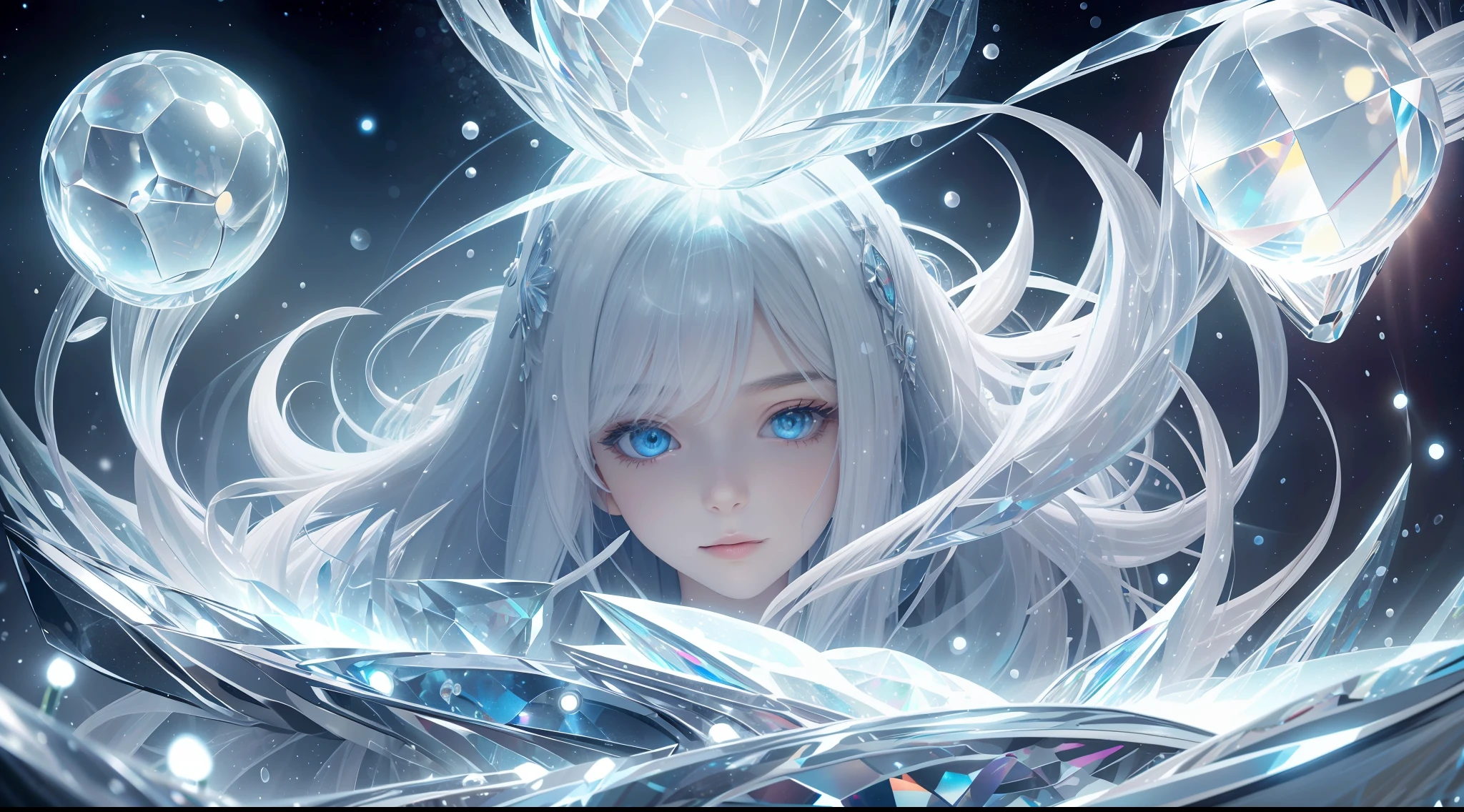 realisticlying,(tmasterpiece,top Quority,best qualtiy,offcial art,Beauty and aesthetics:1.2),The is very detailed,s fractal art,Colorful,Most detailed,zentangle,(abstract backgrounds:1.5)(1boy:1.3),Kamimei,a beauty girl,white color hair,(Glowing blue eyes),mistic,(magia),Ice and snow,((Snowdrop)),spherical body, crystal sphere, dream magical --auto