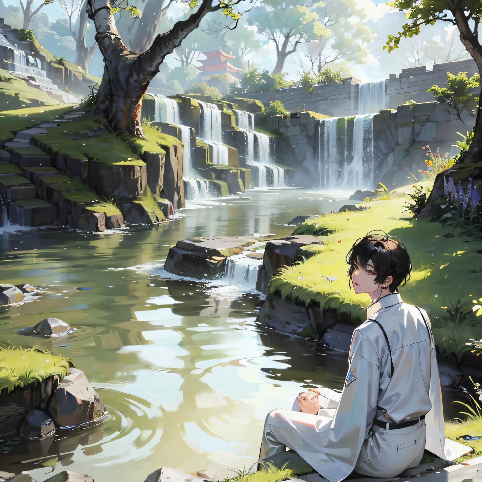 (masterpiece), The best picture quality,Ultimate ultra-detailed Chinese style,A beautiful boy,Climbing to the top of the waterfall is picturesque, The mountains are full of color，The clear spring water is gradually swallowed by the white rocks。The boy holding hands stayed for a moment on the mottled moss，The sun fell like a light gauze on his youthful face。He wears a floor-to-ceiling white Chinese-style outfit，A long fringed band sways with water droplets。His ethereal shows the soft breath of this scene。 --auto