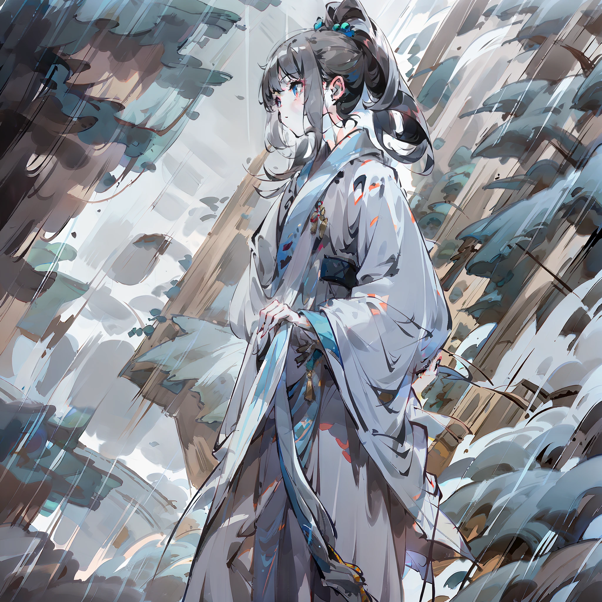 On foggy rainy days,The girl wears a white robe,Walk on mountain paths