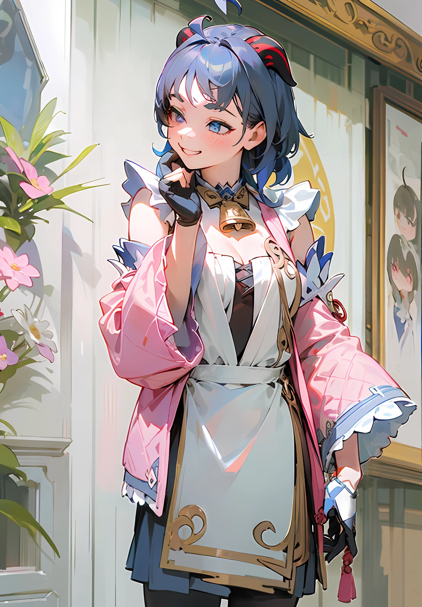 (Highest image quality),(A masterpiece),(Super meticulous),(Eye detail description:1.0),(lens flare glow:1.0),(filmposter:1.0),(Tarot border:1.0),(closeup cleavage:1.0),(Negative space:0.8),(Negative space:1.6),(独奏),(Photorealistic:1.4), (Masterpiece, side-lighting, fine detailed beautiful eyes: 1.2), Masterpiece*Portrait, Realistic, 3D face, Ganyu \(Genshin Impact\), 1girll, ahoge, architecture, By bangs,Bare shoulders,bell,black glove,Black tights,(blue hair),Blushlush,Beautiful breasts,Chinese knot,the sleeve,flower knot,mitts,cow horn,long whitr hair,middlebreast,Neckbells,the maid outfit:2.0,maid costume:2.0,happy laughing,Squinted eyes,gentleness,extremely shy:2.0,Be red in the face:2.0,exhilarated,Not facing the lens,Super happy:2.0,Drink coffee at a coffee shop:3.0,ssmile,Playful,Super meticulous,Lunette de soleil,sneak shot,grin,Close your eyes,Smiling eyes,Candid photos of girls:2.0,Back shadow:2.0,Addicted to playing games,Arcade,
