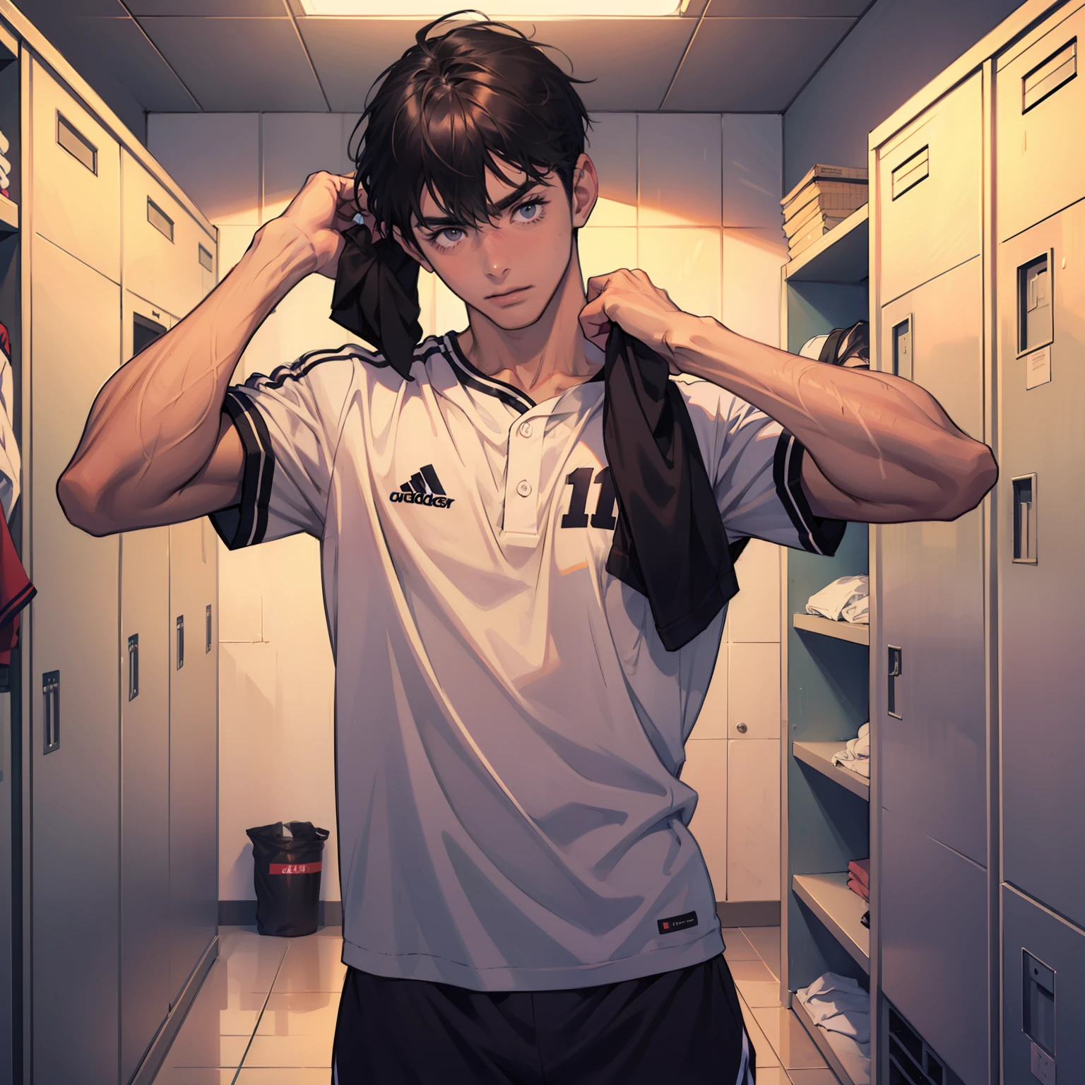 A boy changing clothes in locker room , sport , baseball