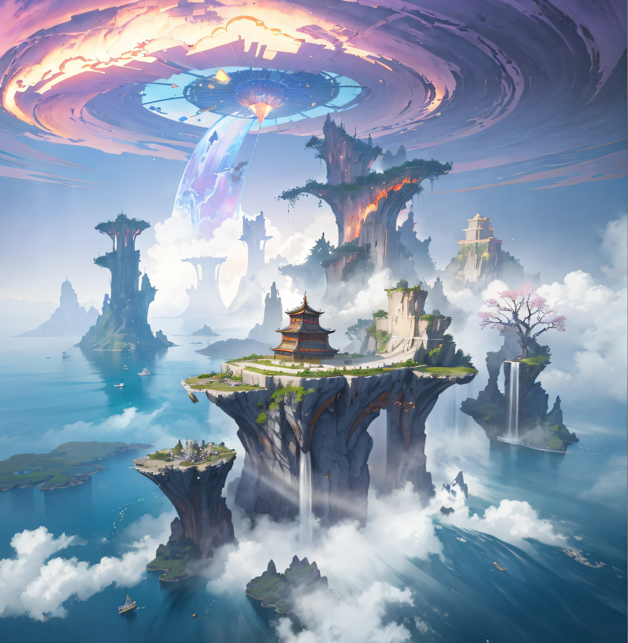 Senzan Island,(Pavilions in mid-empty clouds),((dia soleado)),((Chinese mythology)),high qulity,ultra fine,detailed work,(16K resolution),Cinematic Lights,Clarity,Dynamic viewing angle 117/2000 with waterfalls and waterfalls in the middle, fantasy world concept, key art, rossdraws global illumination, 4 k hd illustrative wallpaper, digital 2d fantasy art, Unreal Engine fantasy art, epic dreamlike fantasy landscape, 4k highly detailed digital art, 2. 5 D CGI anime fantasy artwork, Official Splash Art, detailed fantasy digital art