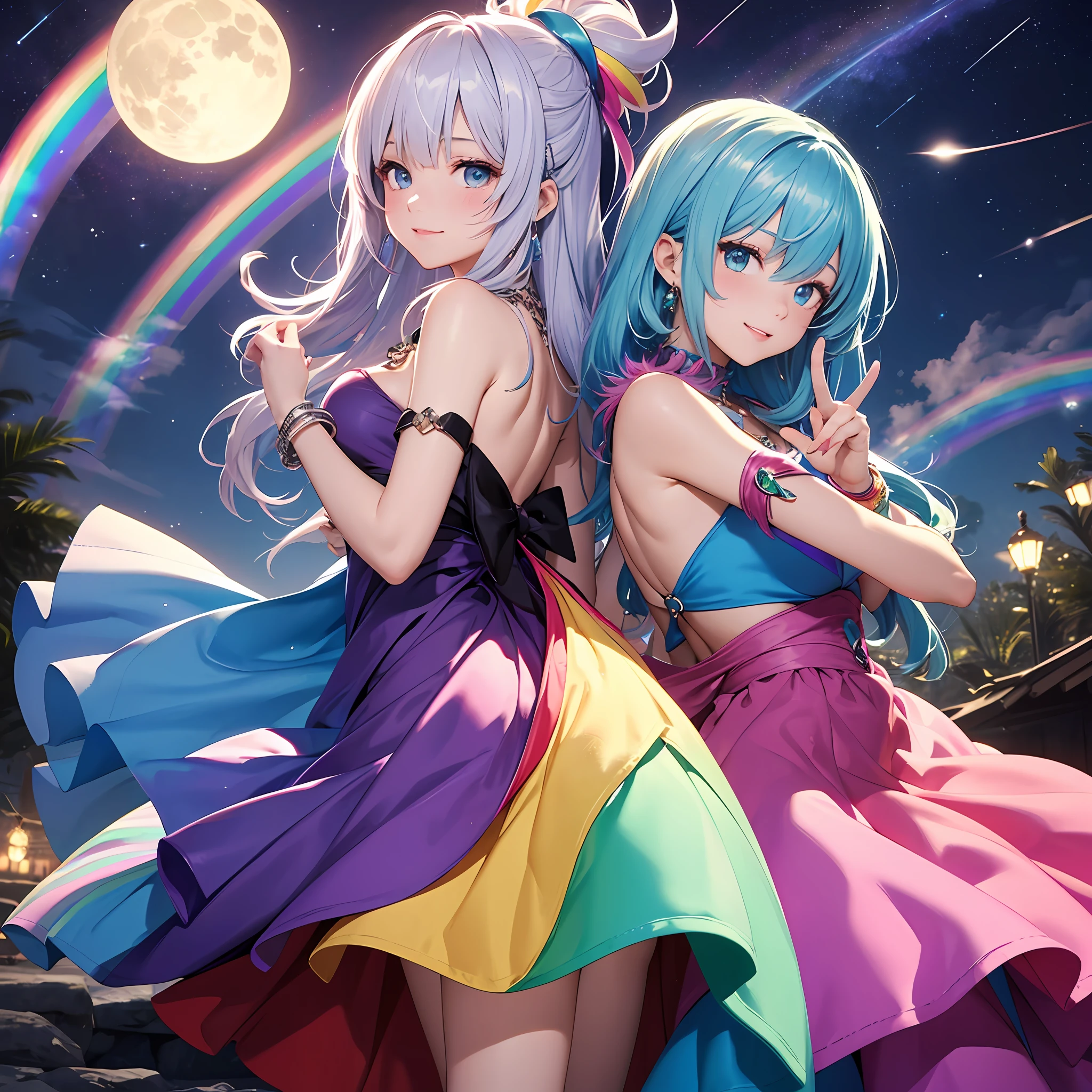 Dark Magician Girl、MKSKS style、2guys、(highly detailed back ground:1.0)、(highly detailed back ground:1.0)、masterpiece、top-quality、in 8K、Blue eyes、from side、Fold your hands behind your buttocks、The upper part of the body、tilt the neck、looking in camera、Hair ornament with emerald、Reddish cheeks、Smiling、(1/2 pink and 1/2 Light blue hair、rainbow-colored hair)、(Colorful dress with a lot of draping、Rainbow dress:1.3)、Fur muffler、Silver necklace、Silver bracelet、Bad hands, bad finger, Missing fingers, Extra fingers、Aurora、night sky full of stars、shooting stars、fullmoon、natta --auto