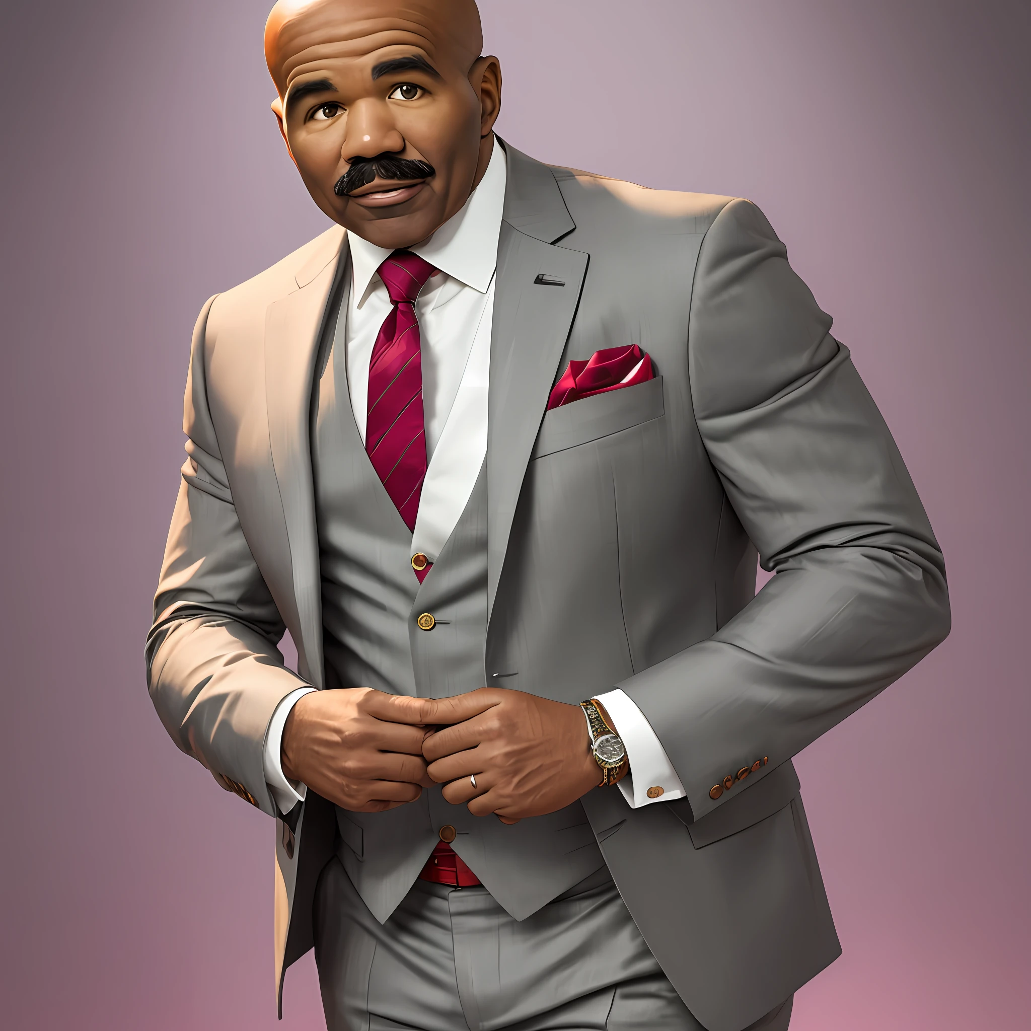 Photo of Steve Harvey , 50 years, successful appearance, brown skin, short beard, air of seriousness, wearing suit and tie, best quality, rim lighting, highly detailed skin, 8k uhd, dslr, high quality, high resolution, 4k, 8k --auto --s2