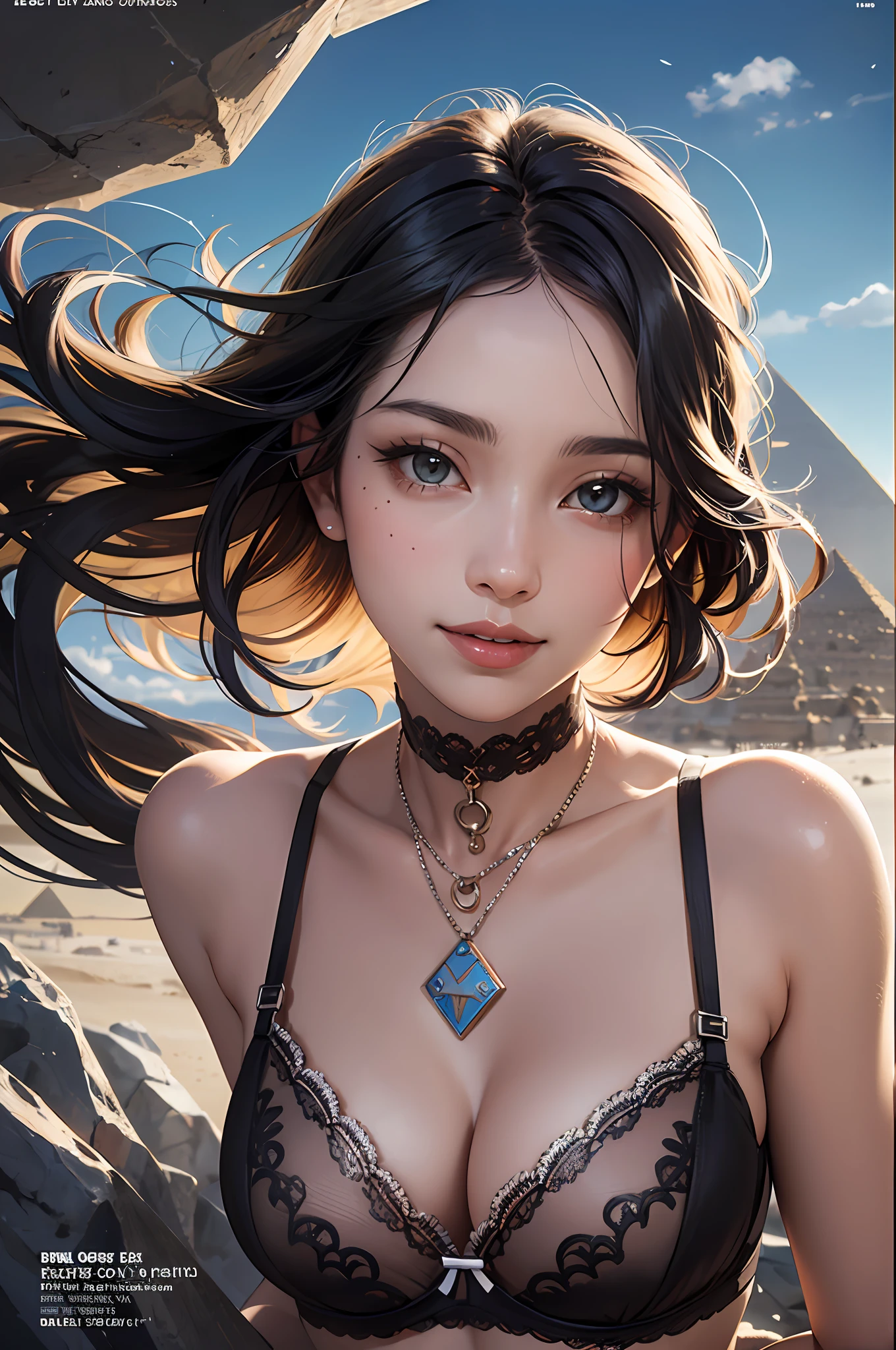 best quality, masterpiece, photo realism, complex details, raw photo, photon rendering, octane rendering, ridiculous, ultra-detailed, detailed face, detailed skin, art station trend, 8k masterpiece, cinematic lighting, ( ( 1 girl)), ((solo)), ((looking_at_viewer)), CG social trends, plastic, ((long black hair)), ((beautiful woman)), (smile), sexy lingerie, lingerie, lingerie, bra, ((Egyptian pyramids)), (sexy)), wind blowing hair, ((flowing hair)), happy, fashion magazine,