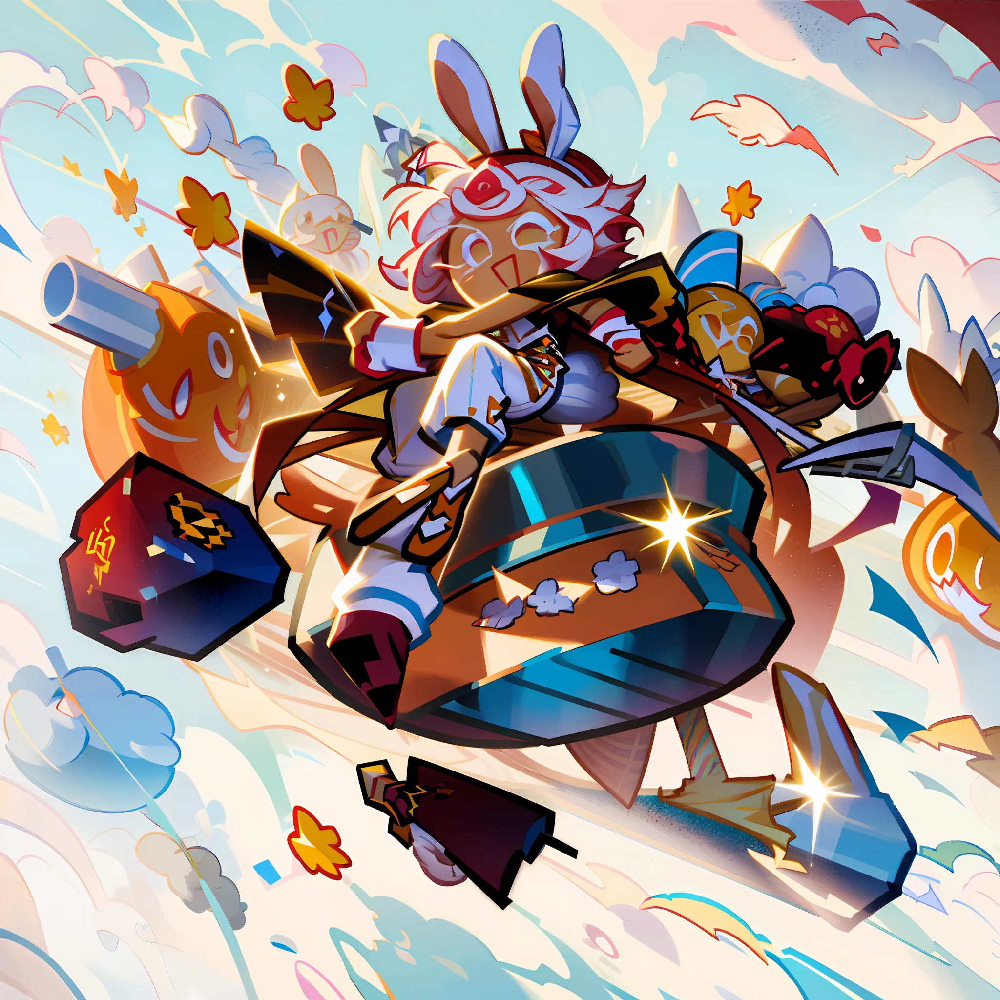 best quality, illustration, ****ung boy, based on White Rabbit candy,Rabbit ears, white Cheongsam ,White pumpkin pants with red and Blue accents, messy, Medium length Cream colored Hair,pose((jumping  excitedly holding a Hammer)), white background,, simple background, cookierun, solo, chibi, full body