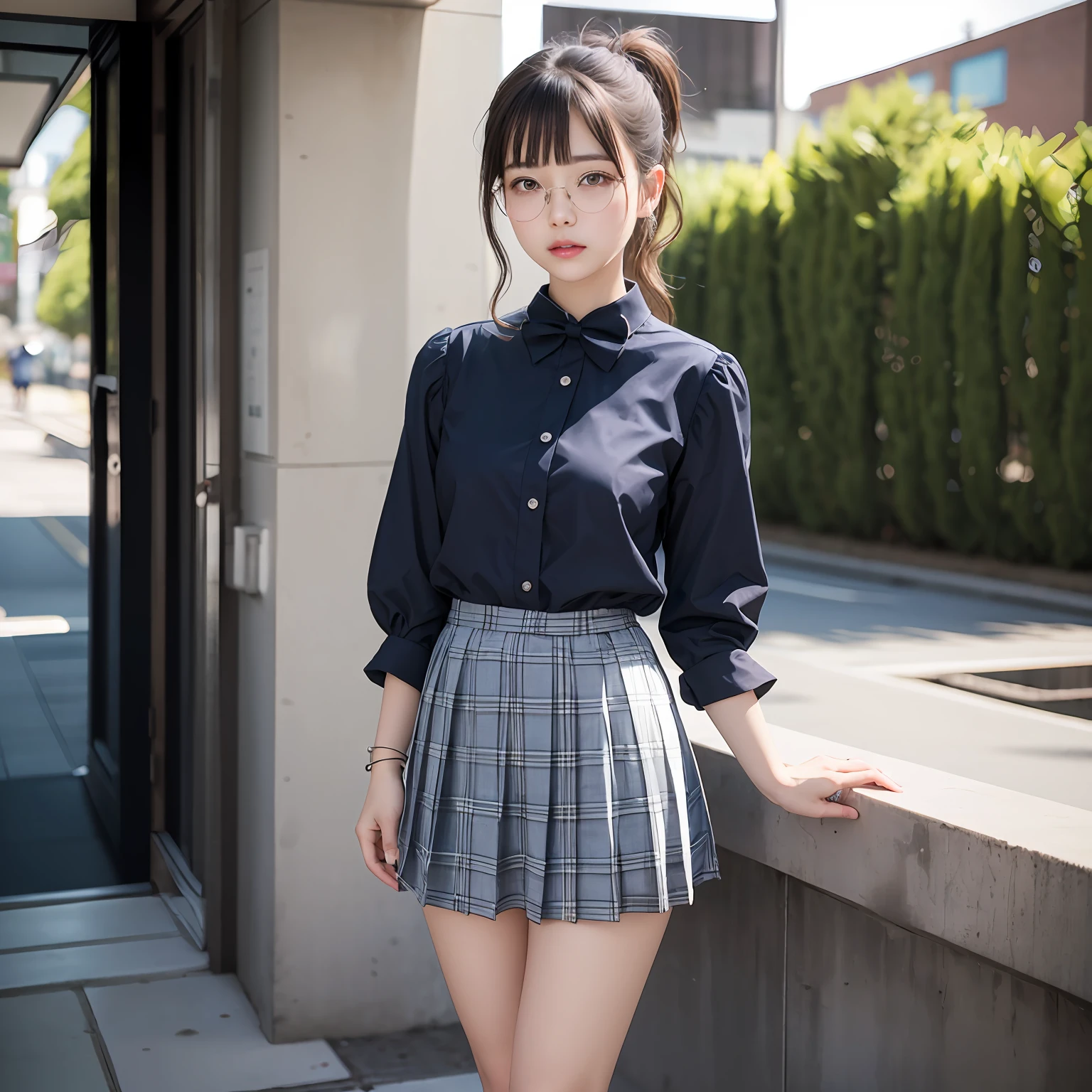 (8K、Raw photography、top-quality、masterpiece:1.2),full body Esbian,masterpiece,top-quality、超A high resolution,Raw photo,ren,Beautiful fece,One Person, 独奏,eye glass,,Dark look,Small breasts,fullllbody,Round glasses、cute little、A Japanese Lady,is standing,(Tight eyes,Bullish,skinny,Rasping,irate,small tits,flat breast)、(Photorealsitic:1.37)、Photon mapping,Light blue ribbon,Realistic、Cute little face,Brown-eyed、Black socks、Red bow tie、Radio City、Physically Based Rendering、Foreground、depth of fields、Blurry background、a picture,The girls、Body, Long legs, Thin leg, Single knot ponytail,Let your hair flow forward、(Bangs are visible), hair, s lips, Blue_The eye, nosesoft, Light blue shirt, Navy blue and blue and white plaid pleated skirt, Sheer clothing,, Thigh, Black cotton socks,Nogizaka Idol, 女優, Japanese ido