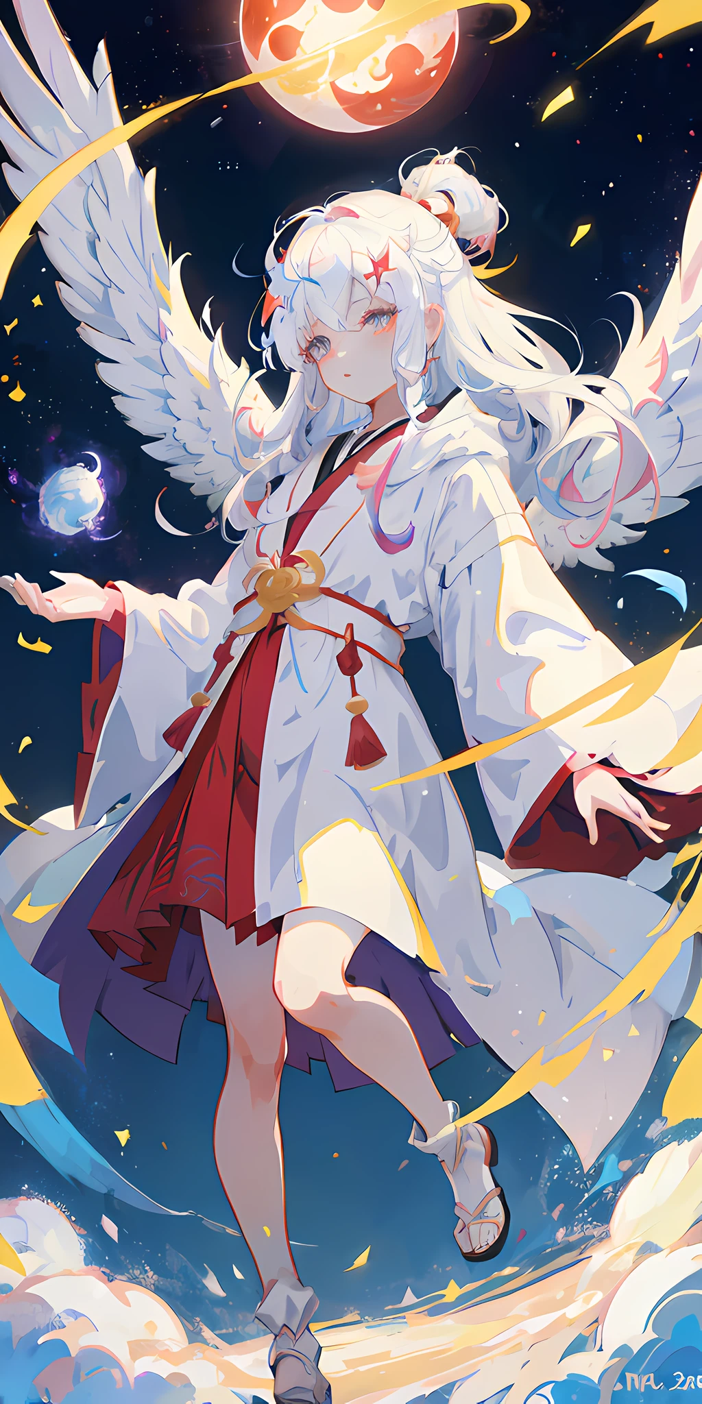 Anime characters with white hair and angel wings in space environment, white-haired god, Beautiful celestial mage, flowing magical robe, flowing white robe, sky witch, flowing hair and long robes, Anime goddess, Anime art wallpaper 8 K, demon slayer rui fanart, astral fairy, Onmyoji detailed art, style of anime4 K, ethereal anime, onmyoji